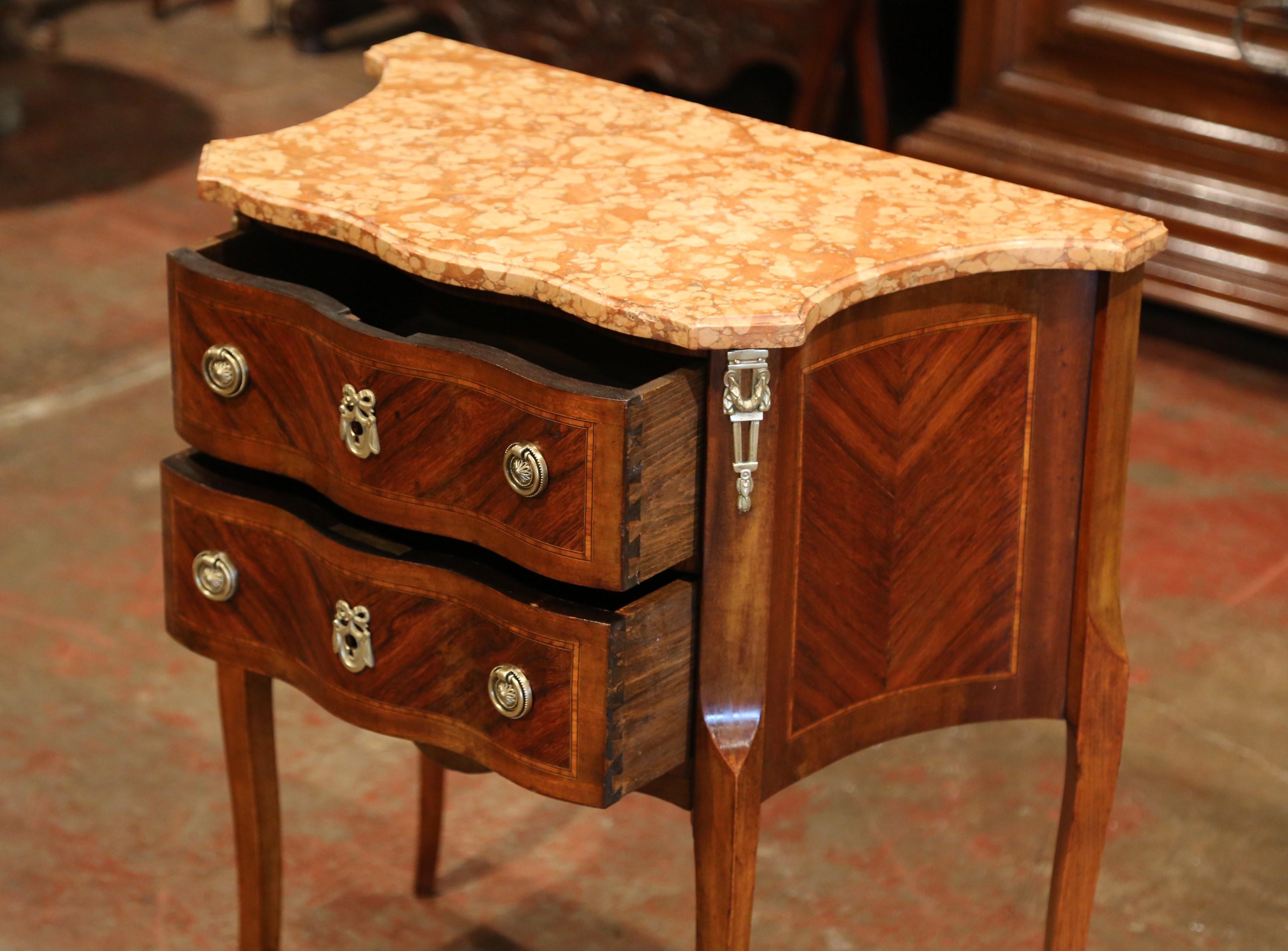 19th Century French Louis XV Carved Rosewood Inlay Commode with Beige Marble Top In Excellent Condition In Dallas, TX