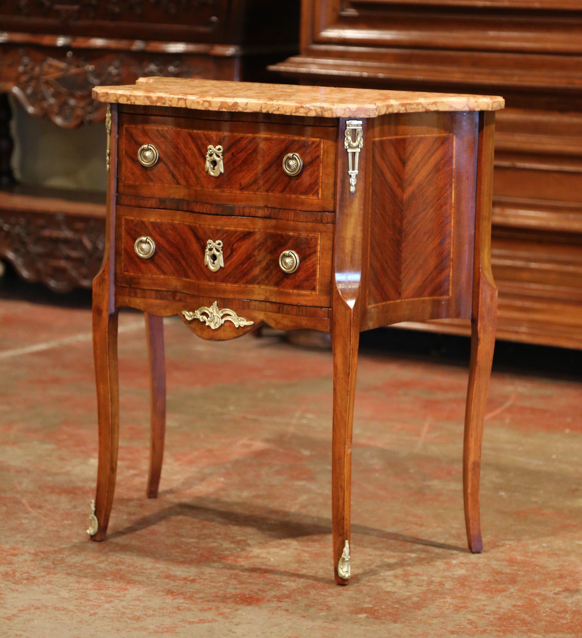 Bronze 19th Century French Louis XV Carved Rosewood Inlay Commode with Beige Marble Top