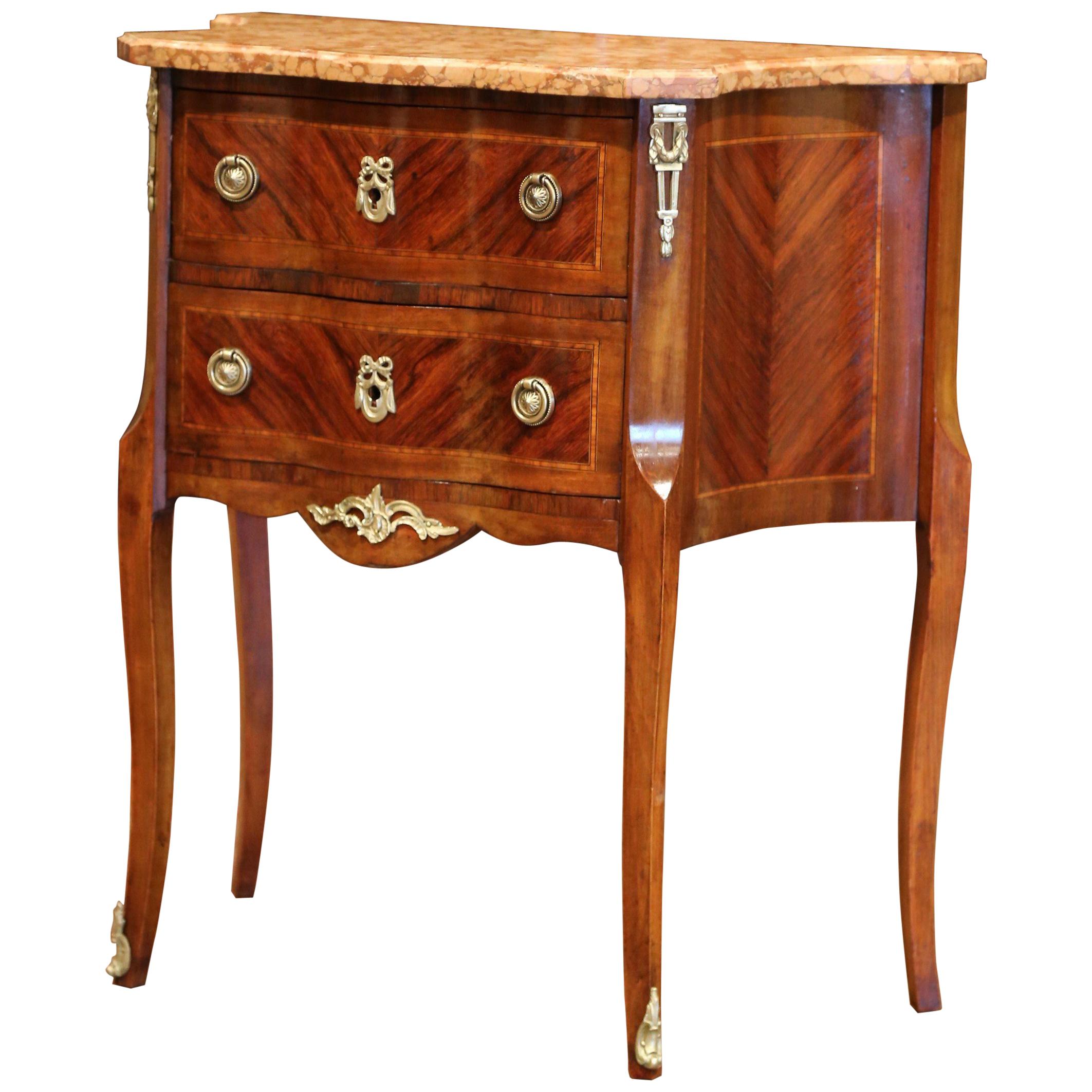 19th Century French Louis XV Carved Rosewood Inlay Commode with Beige Marble Top