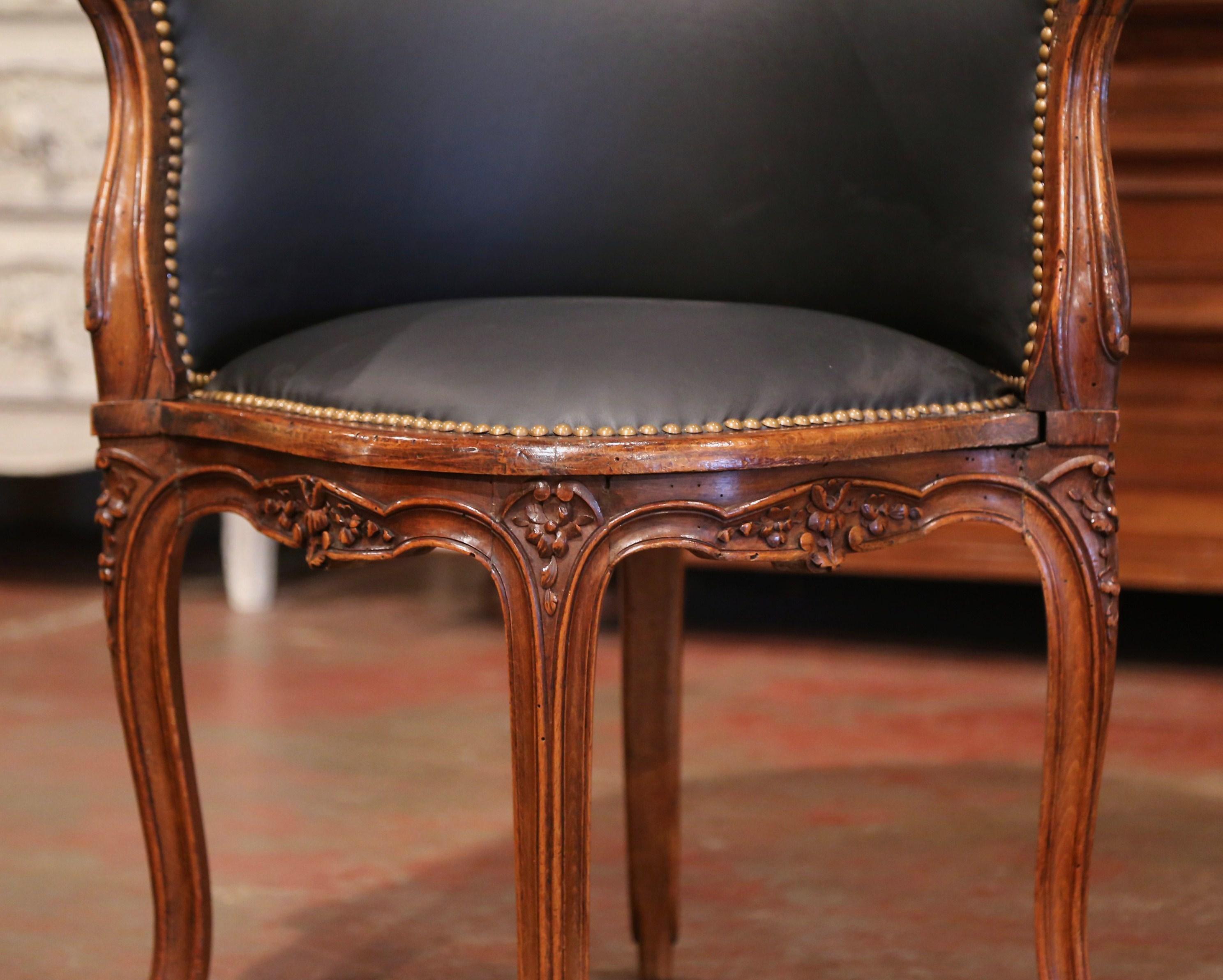 Hand-Carved 19th Century French Louis XV Carved Walnut and Black Leather Desk Armchair