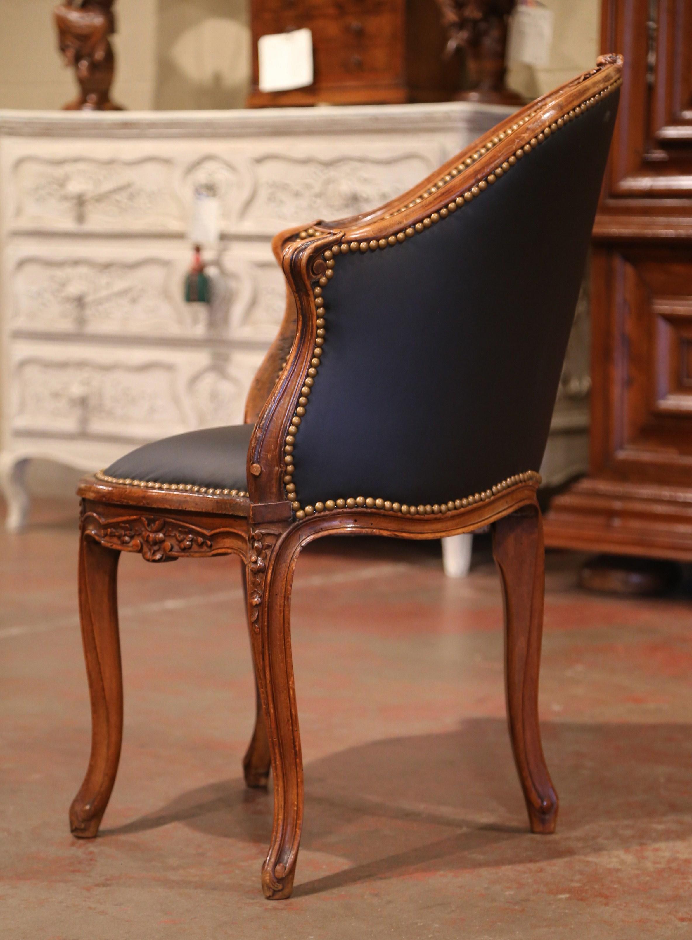 19th Century French Louis XV Carved Walnut and Black Leather Desk Armchair 1