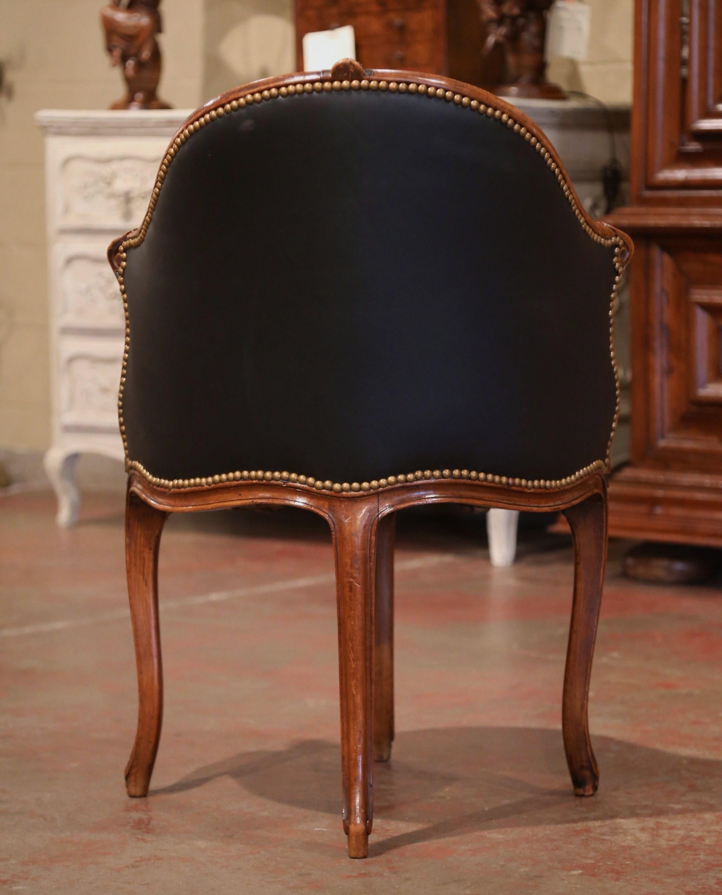 19th Century French Louis XV Carved Walnut and Black Leather Desk Armchair 2