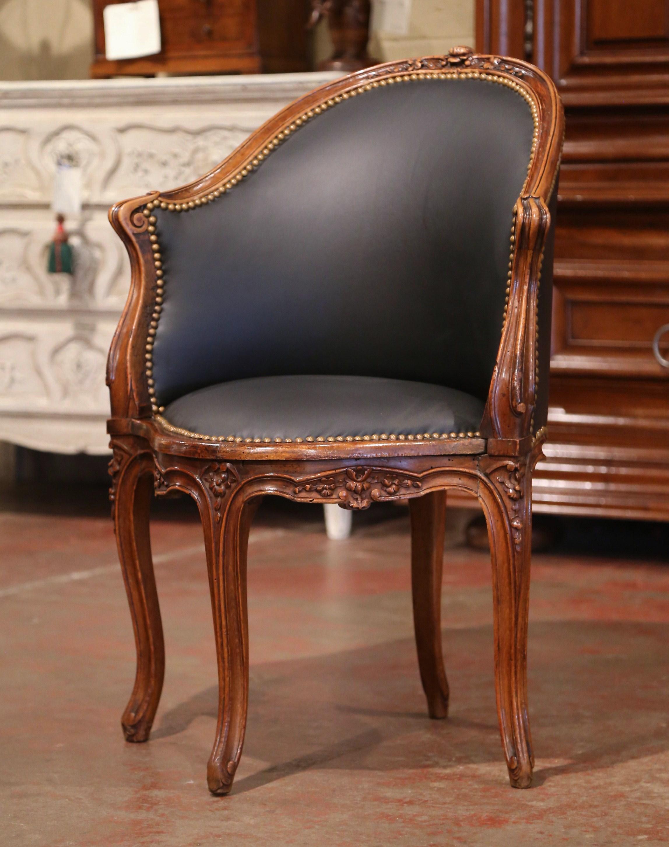 19th Century French Louis XV Carved Walnut and Black Leather Desk Armchair 3