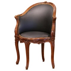 19th Century French Louis XV Carved Walnut and Black Leather Desk Armchair