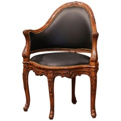 Antique 19th Century French Louis XV Carved Walnut and Black Leather Desk Armchair