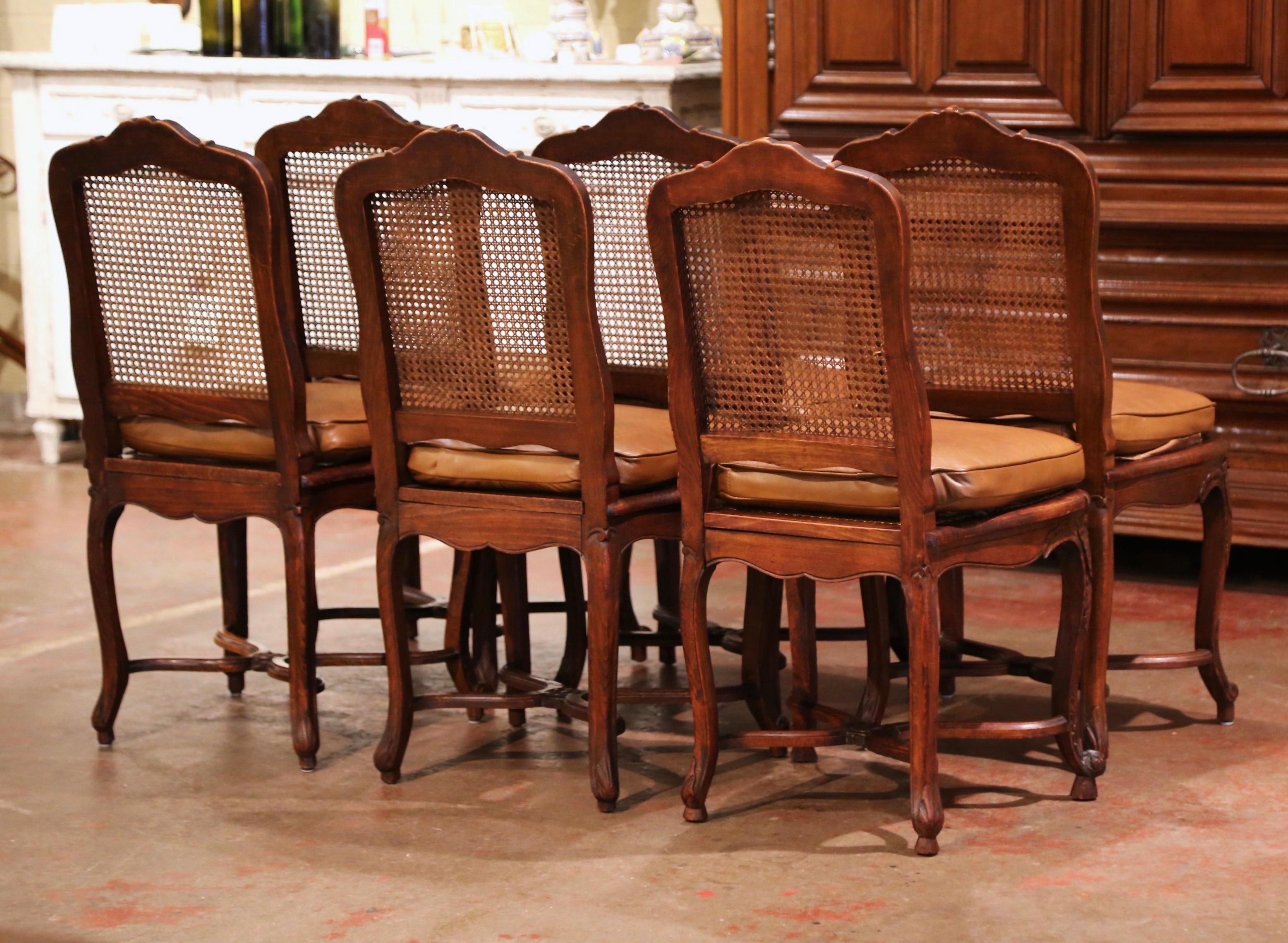 19th Century French Louis XV Carved Walnut and Cane Chairs, Set of Six 6