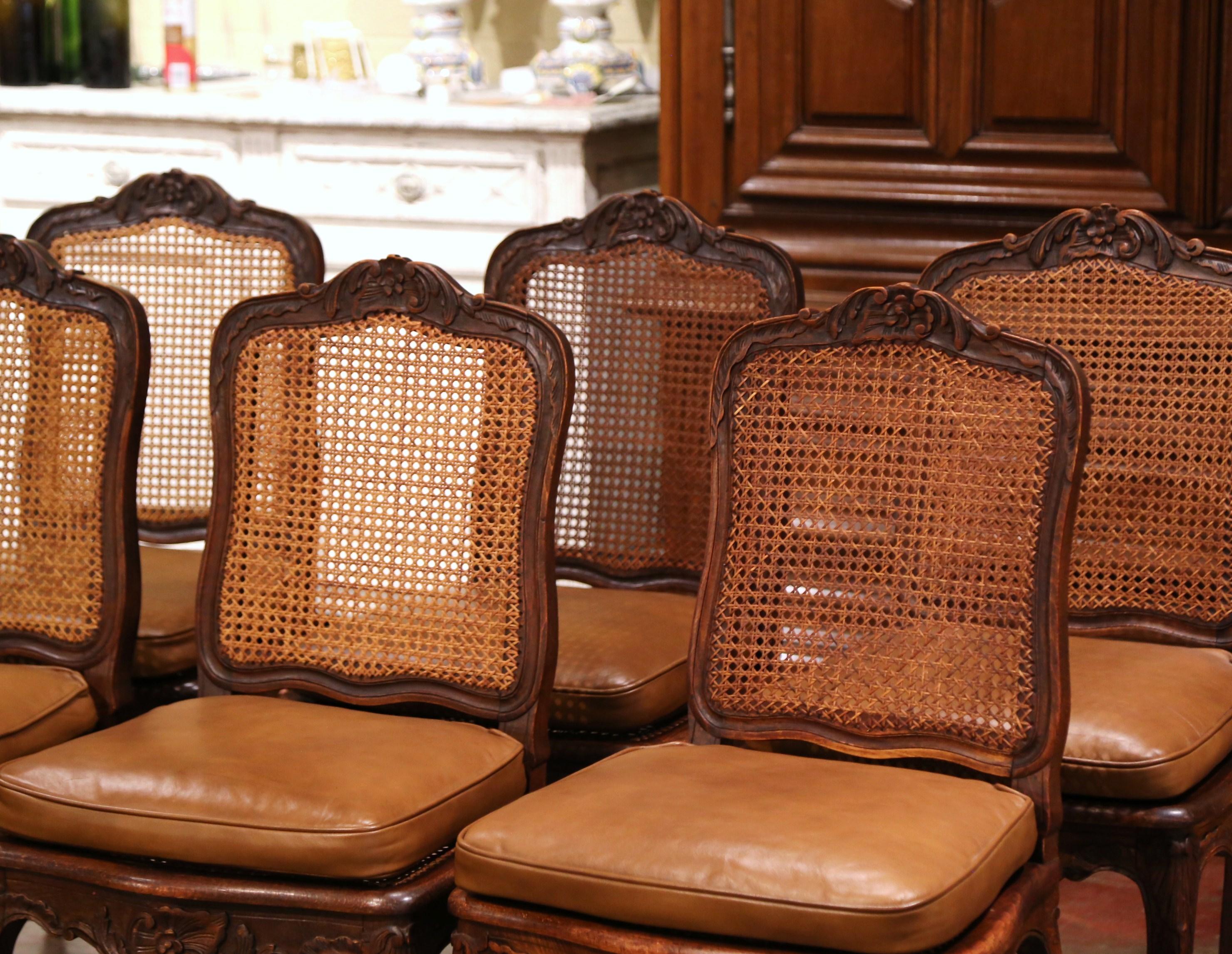Hand-Carved 19th Century French Louis XV Carved Walnut and Cane Chairs, Set of Six