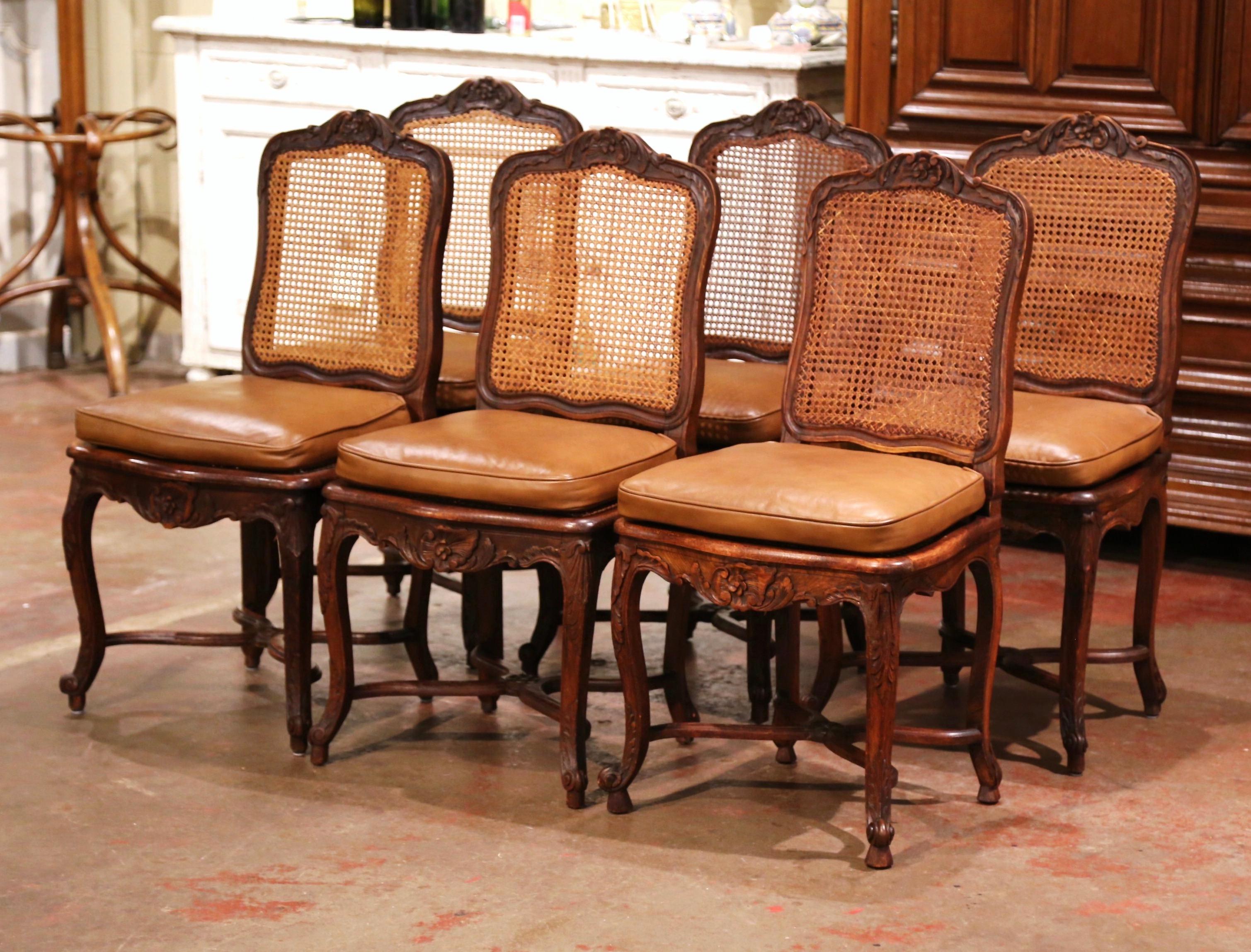 19th Century French Louis XV Carved Walnut and Cane Chairs, Set of Six In Excellent Condition In Dallas, TX