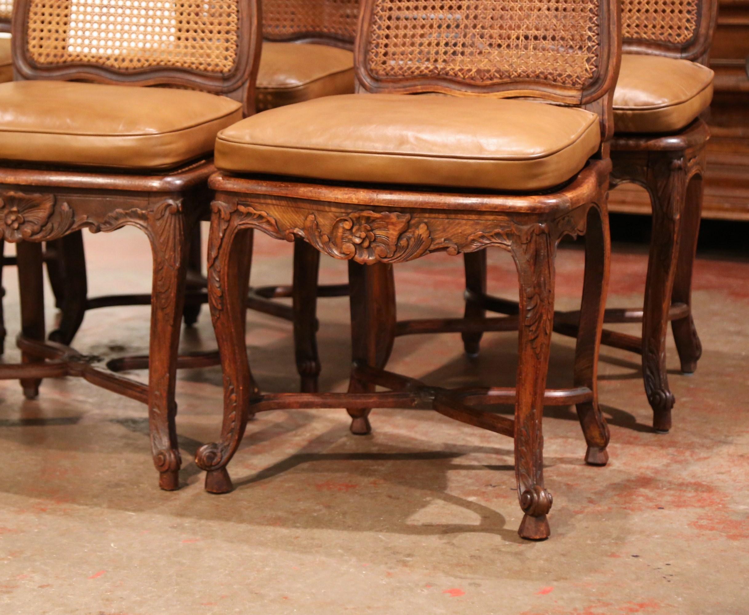 Leather 19th Century French Louis XV Carved Walnut and Cane Chairs, Set of Six