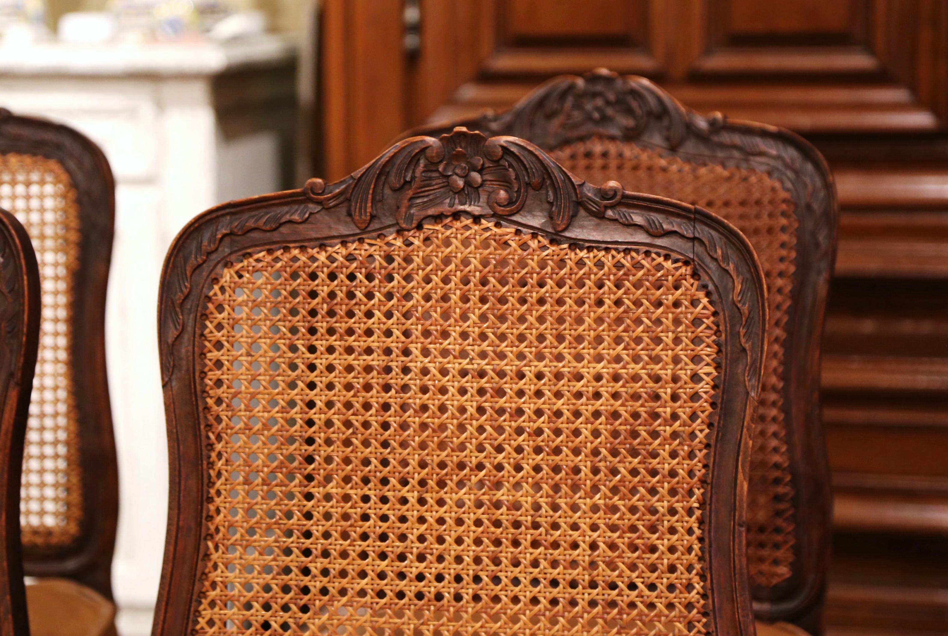 19th Century French Louis XV Carved Walnut and Cane Chairs, Set of Six 1