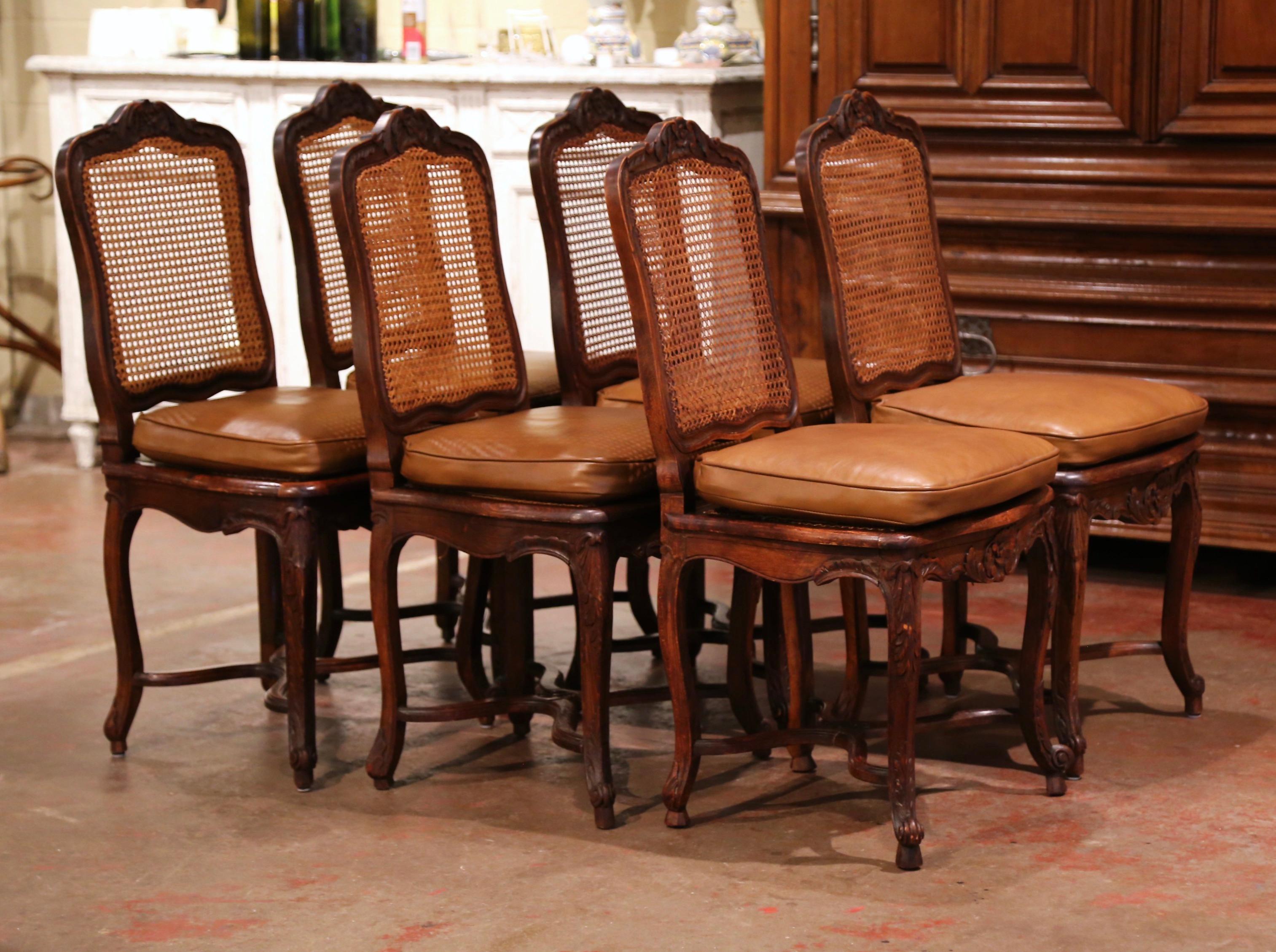 19th Century French Louis XV Carved Walnut and Cane Chairs, Set of Six 4