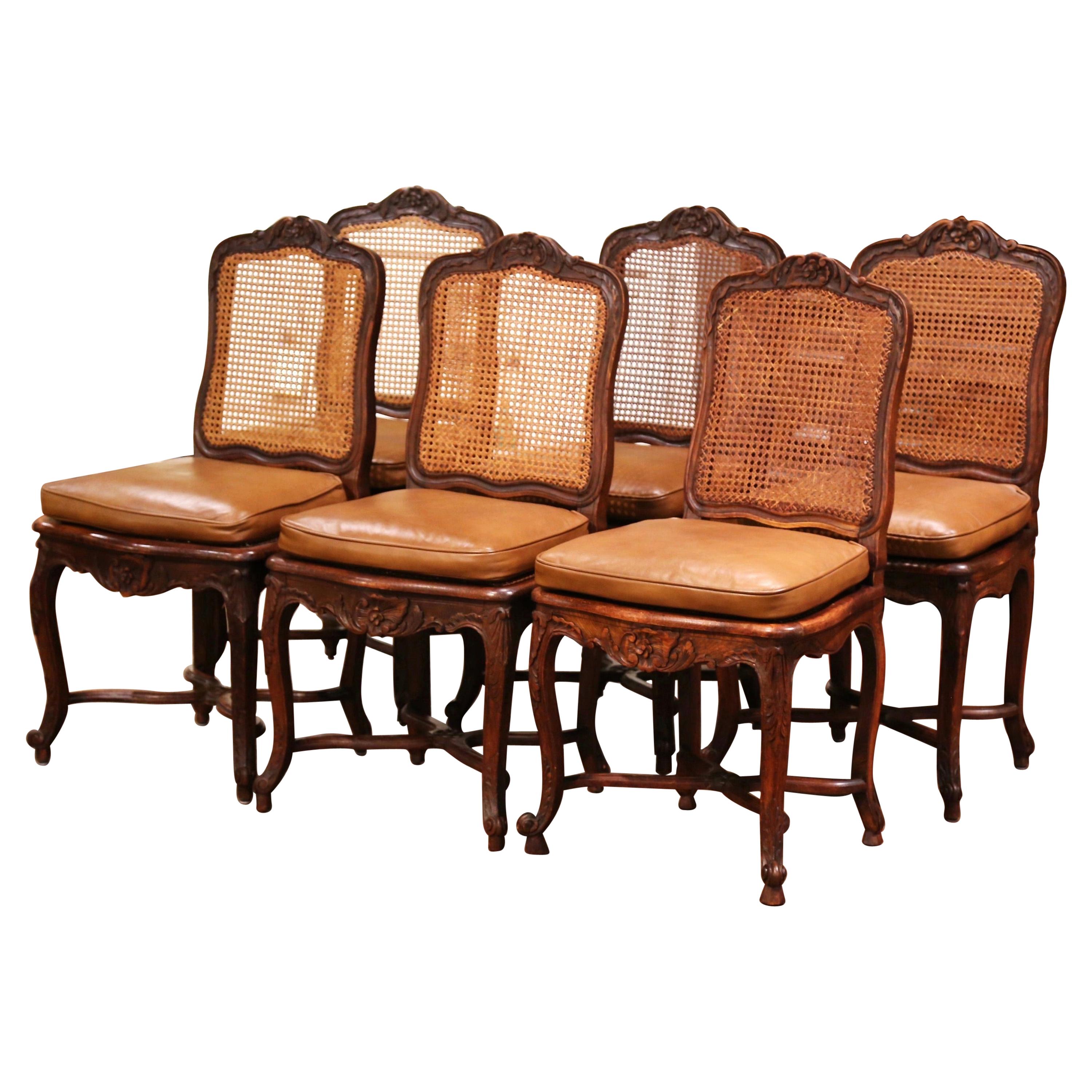 19th Century French Louis XV Carved Walnut and Cane Chairs, Set of Six