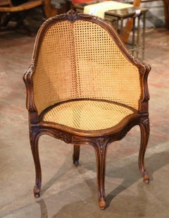 19th Century French Louis XV Carved Walnut and Cane Corner Desk Armchair