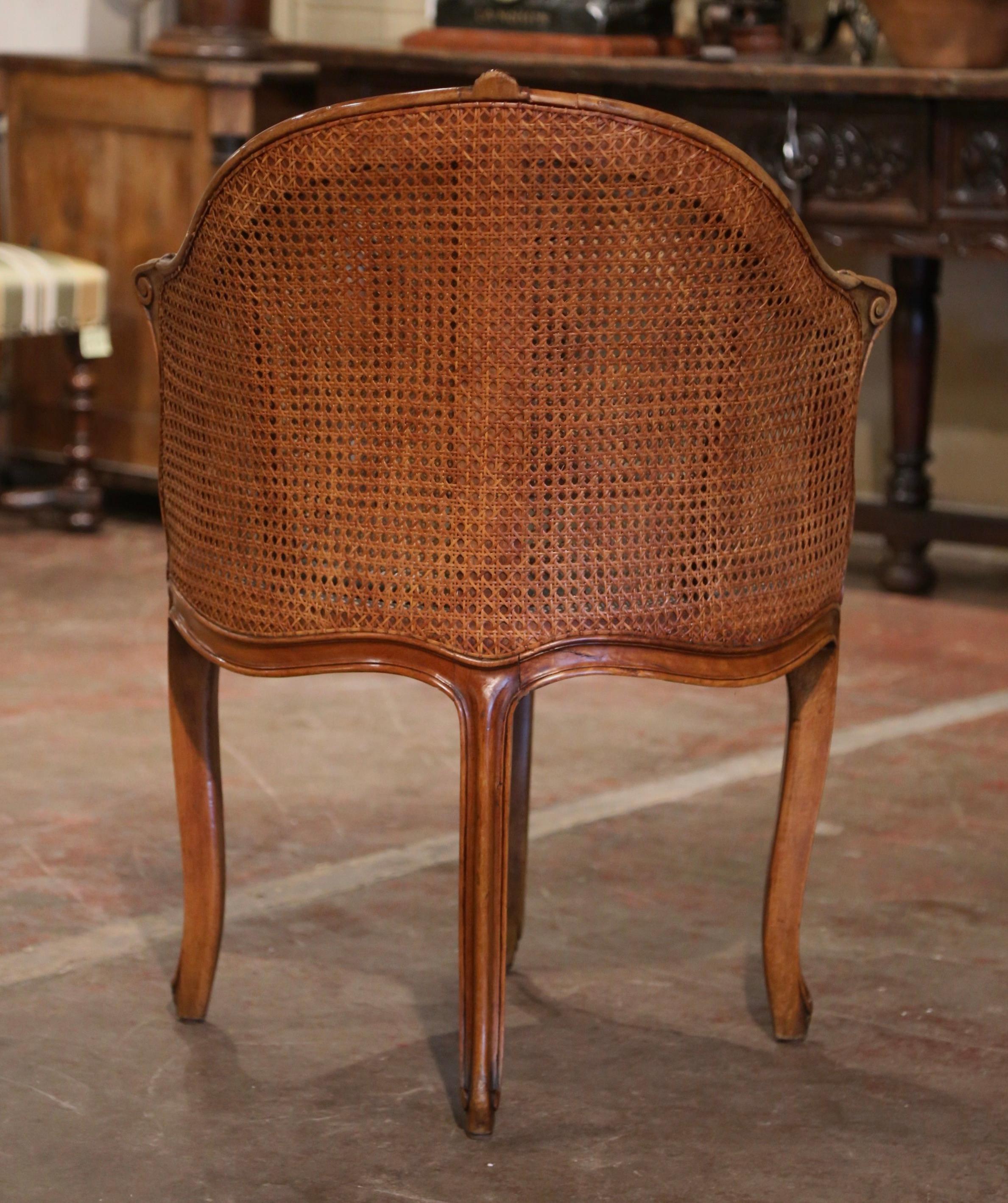 19th Century French Louis XV Carved Walnut and Cane Desk Armchair with Cushion 6