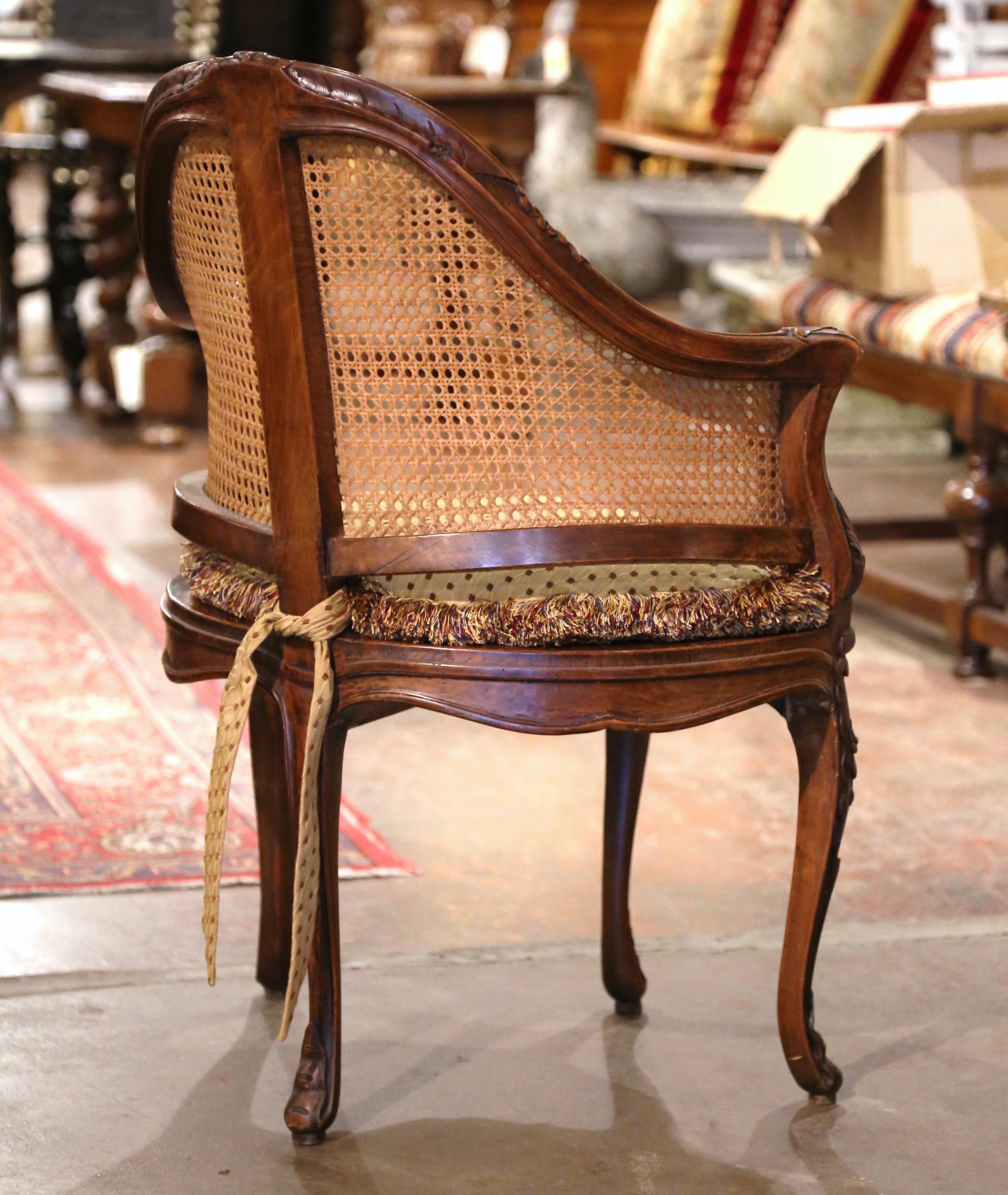 19th Century French Louis XV Carved Walnut and Cane Desk Armchair with Cushion For Sale 6