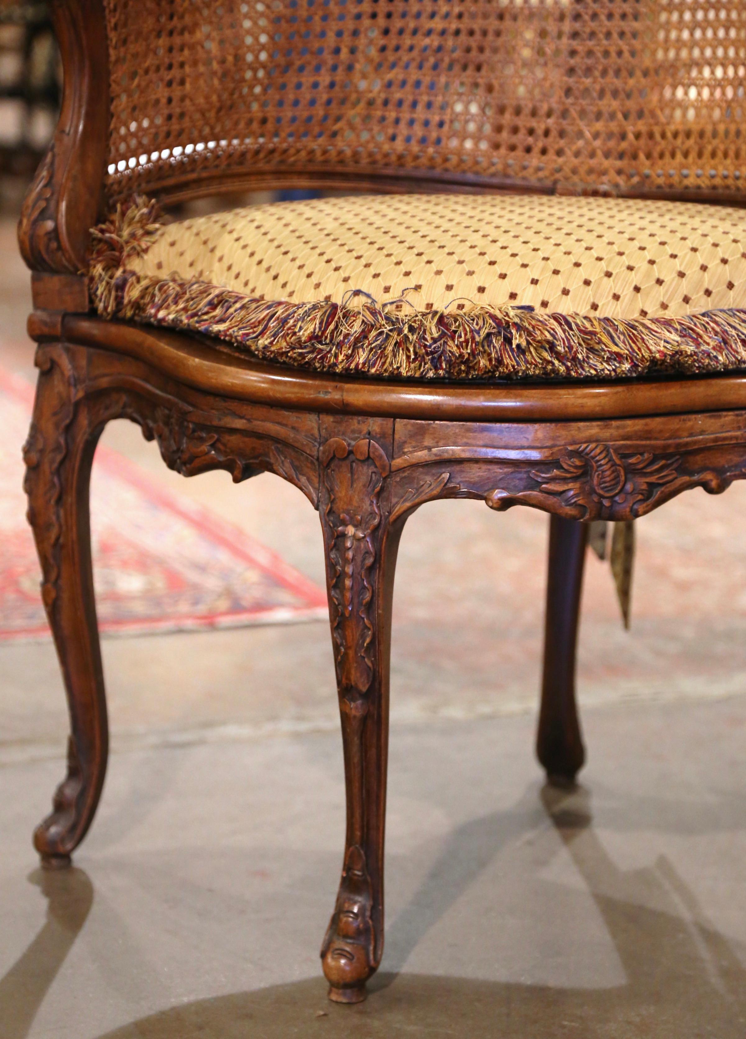 Hand-Carved 19th Century French Louis XV Carved Walnut and Cane Desk Armchair with Cushion