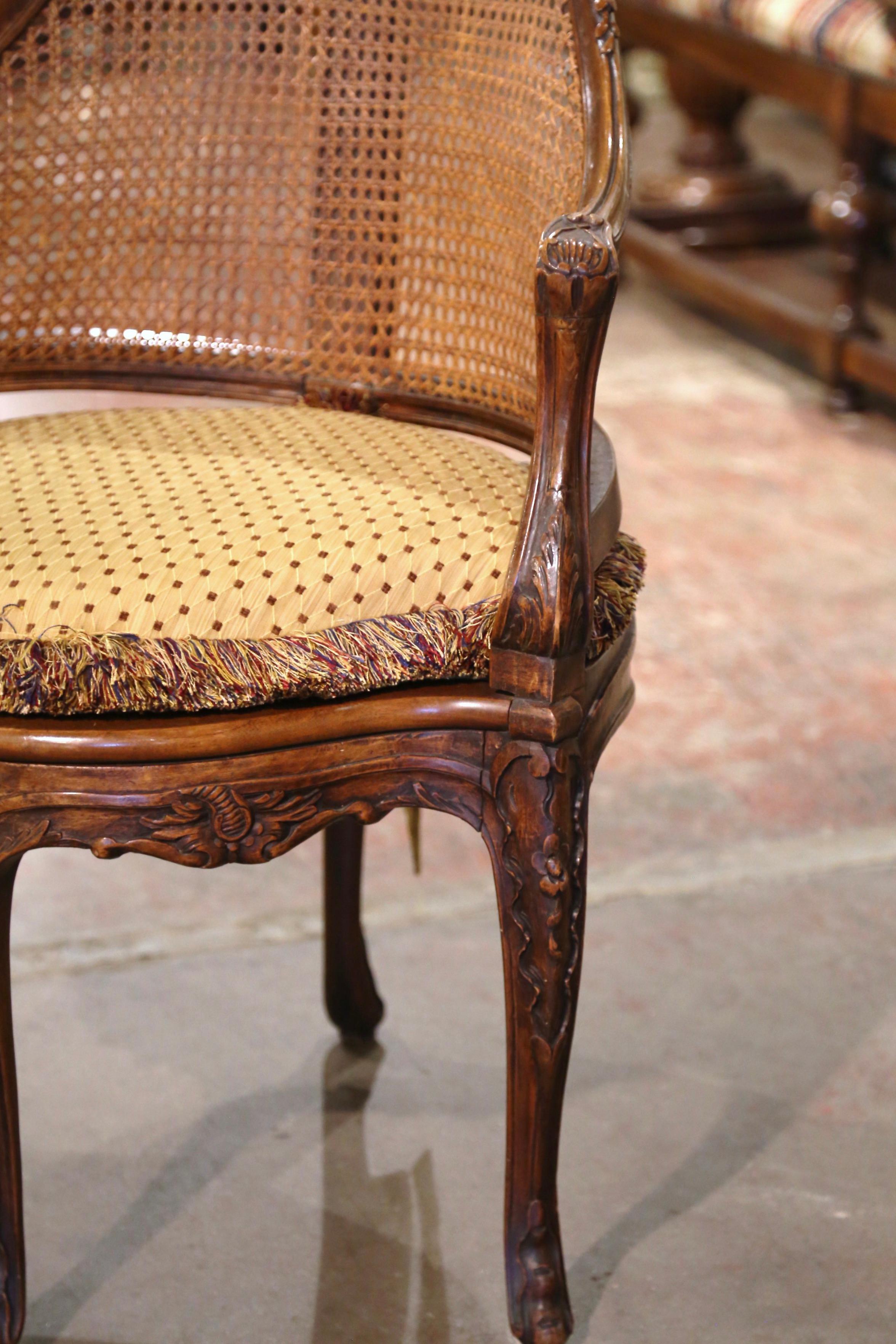 19th Century French Louis XV Carved Walnut and Cane Desk Armchair with Cushion In Excellent Condition For Sale In Dallas, TX