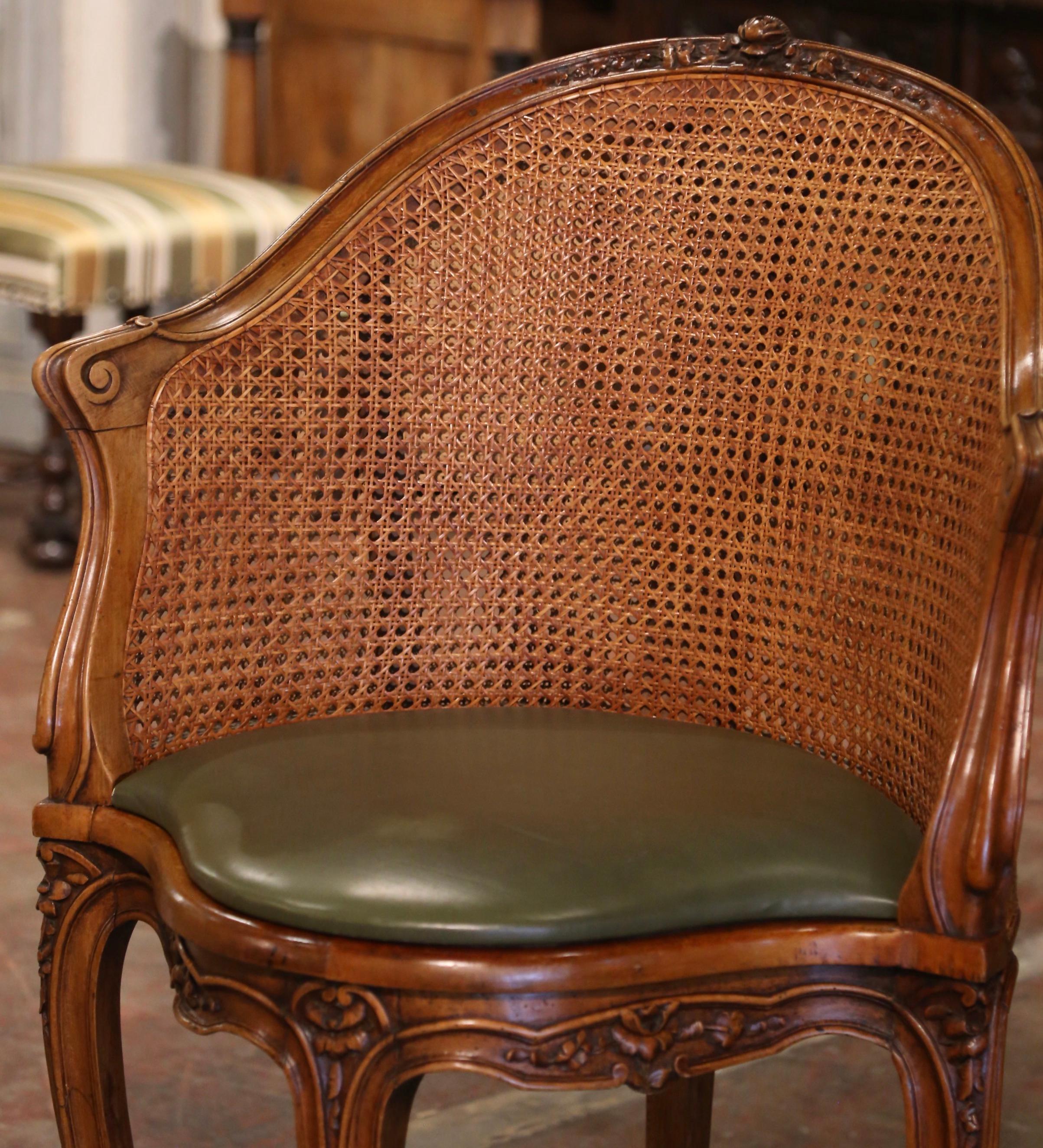 19th Century French Louis XV Carved Walnut and Cane Desk Armchair with Cushion In Excellent Condition In Dallas, TX