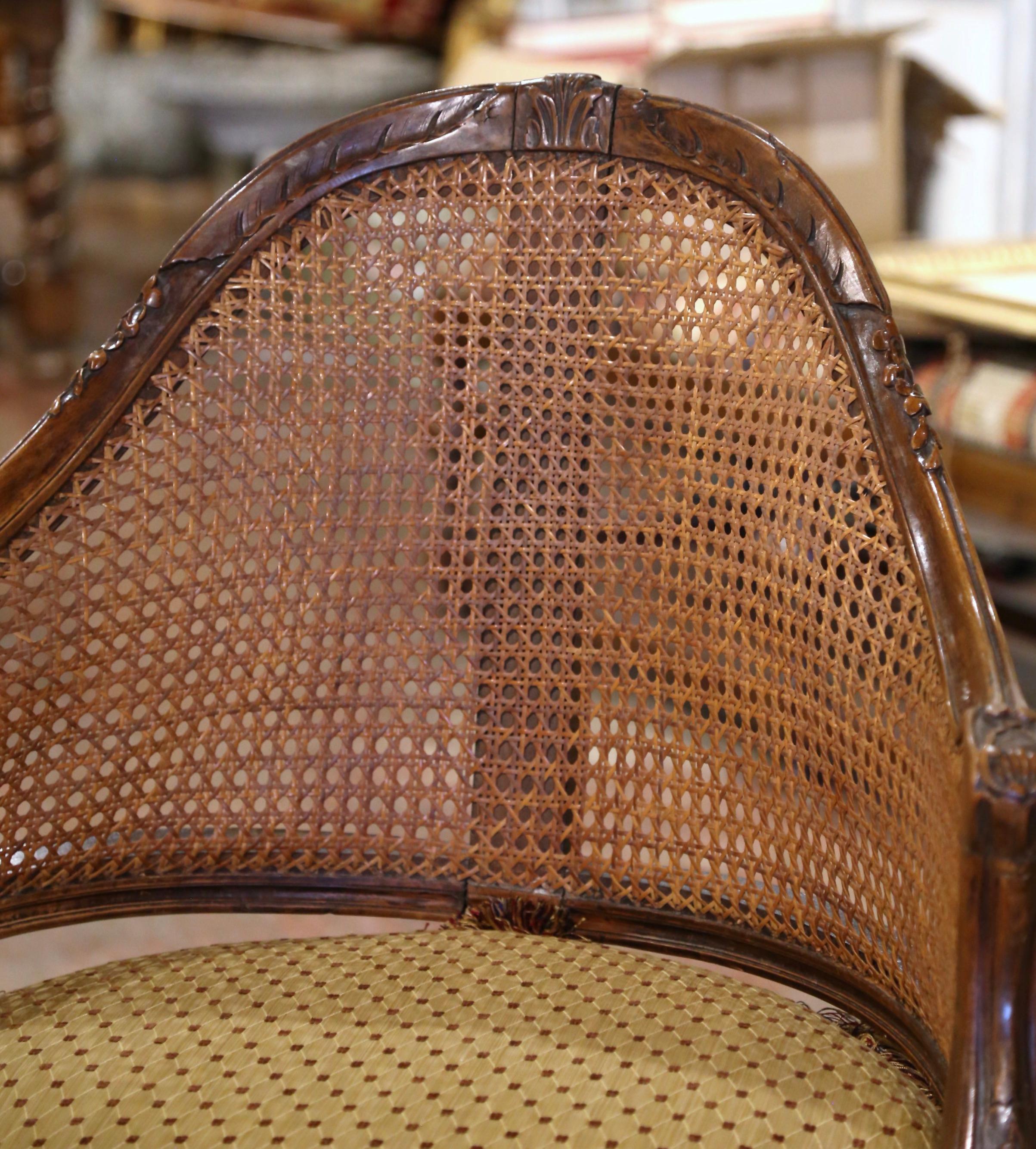 Fabric 19th Century French Louis XV Carved Walnut and Cane Desk Armchair with Cushion For Sale