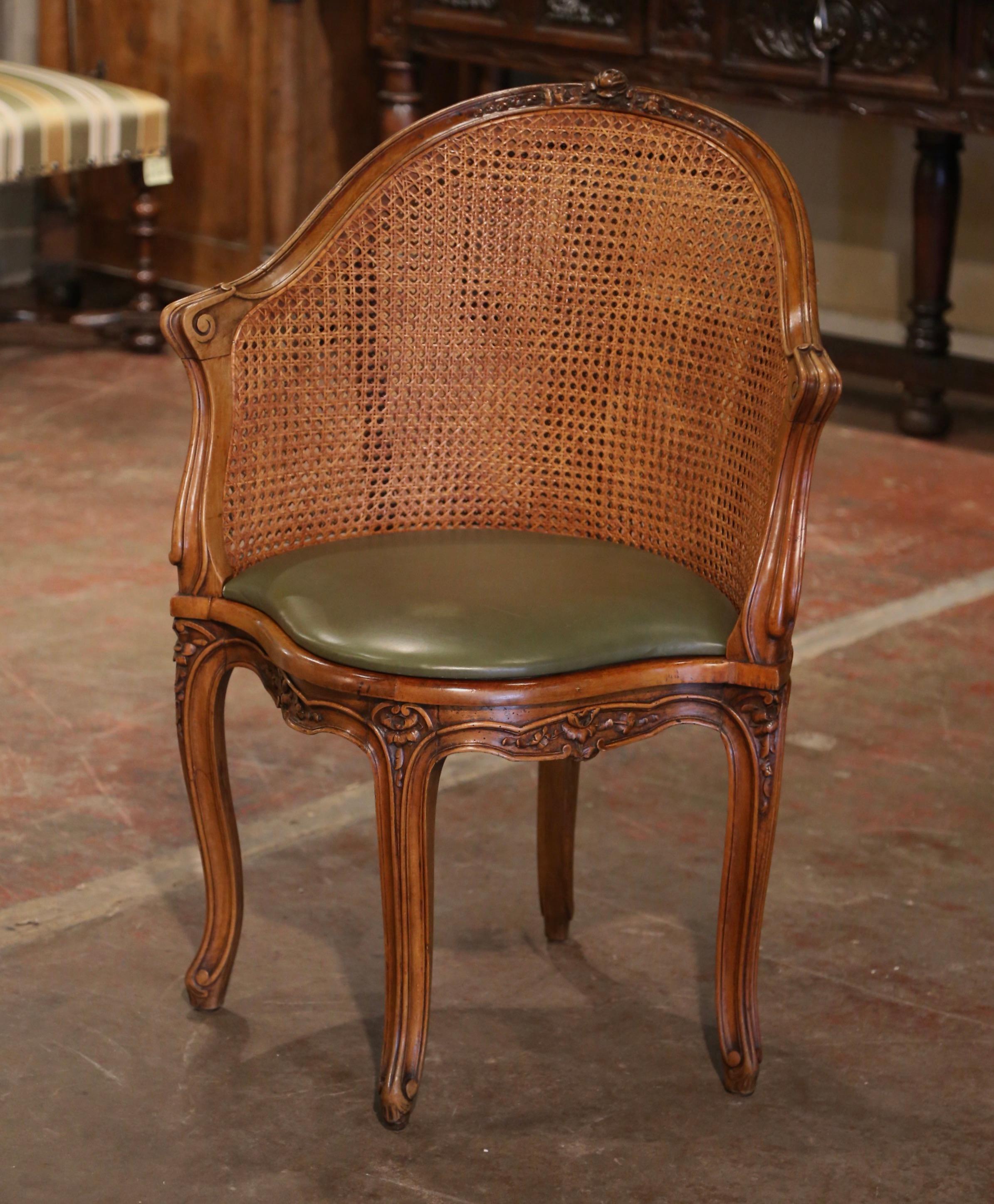 19th Century French Louis XV Carved Walnut and Cane Desk Armchair with Cushion 1