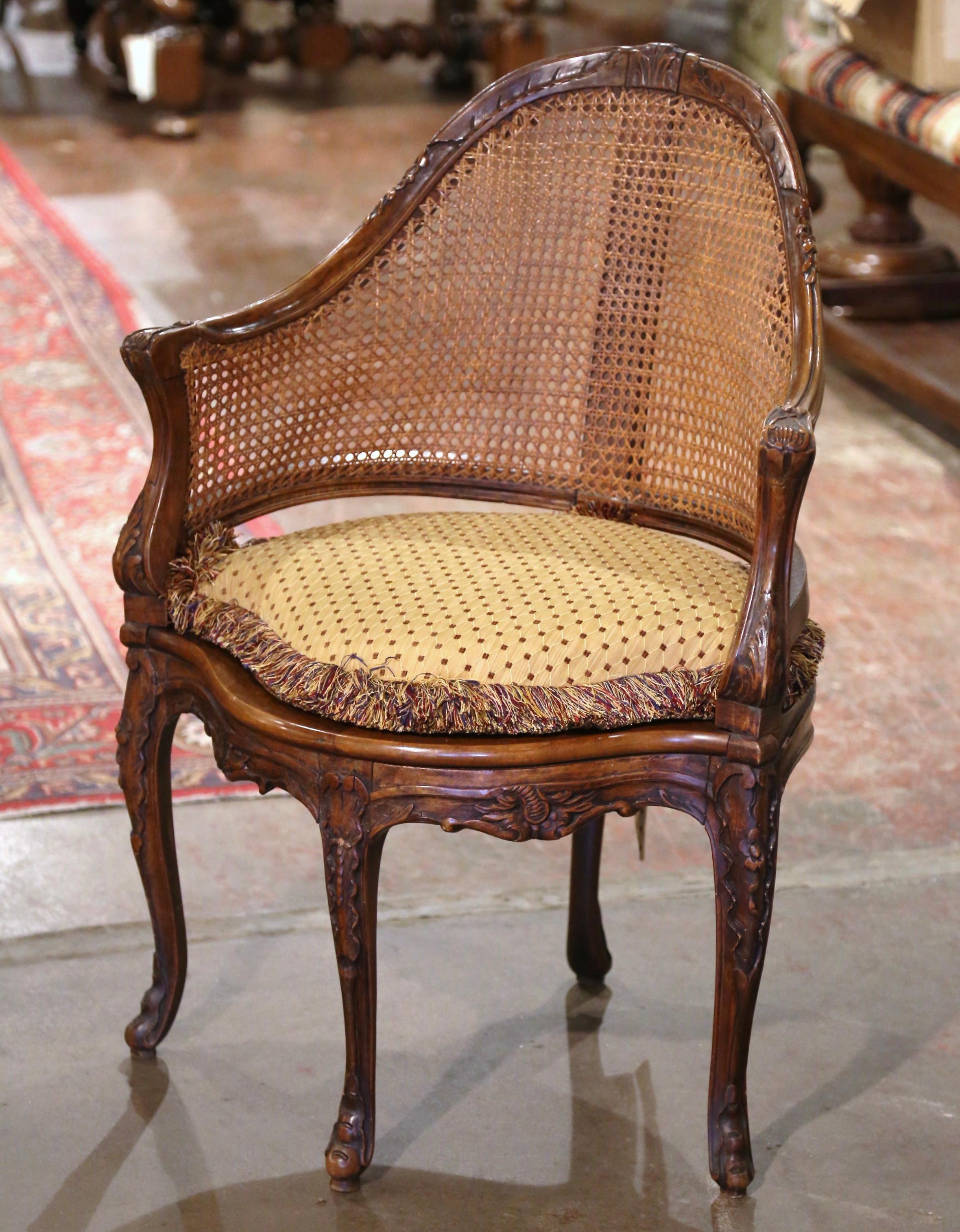 19th Century French Louis XV Carved Walnut and Cane Desk Armchair with Cushion 1