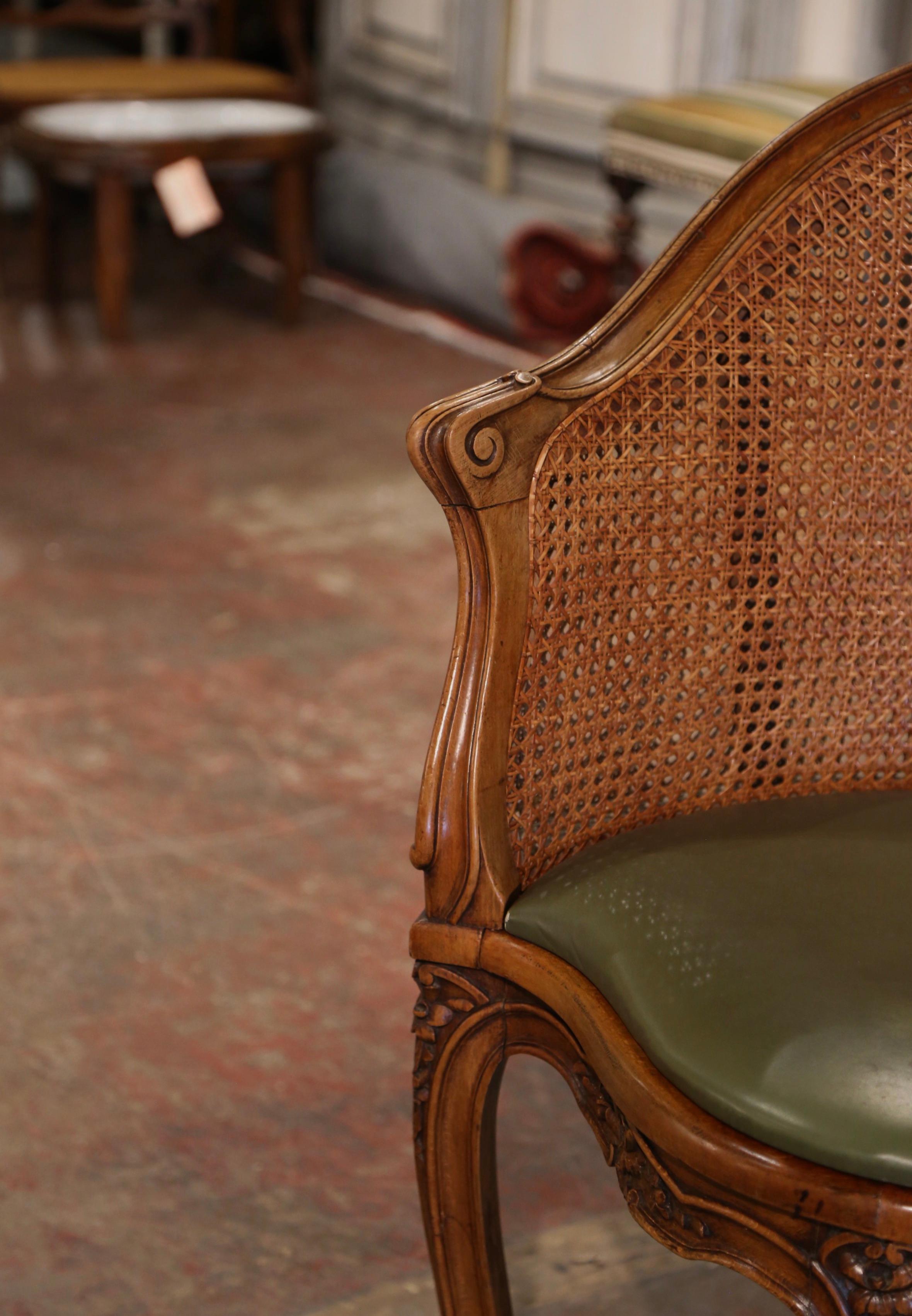 19th Century French Louis XV Carved Walnut and Cane Desk Armchair with Cushion 2