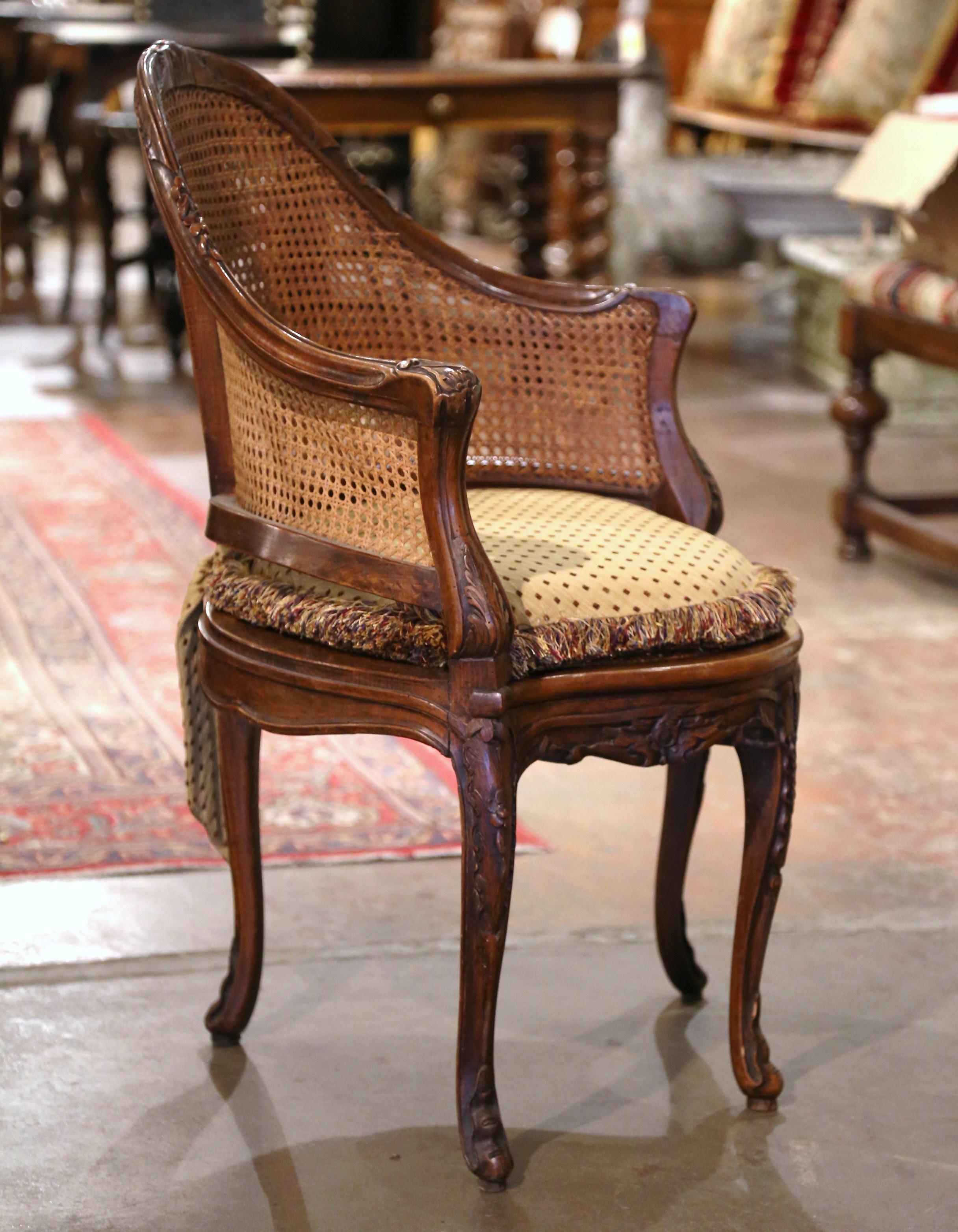 19th Century French Louis XV Carved Walnut and Cane Desk Armchair with Cushion 2