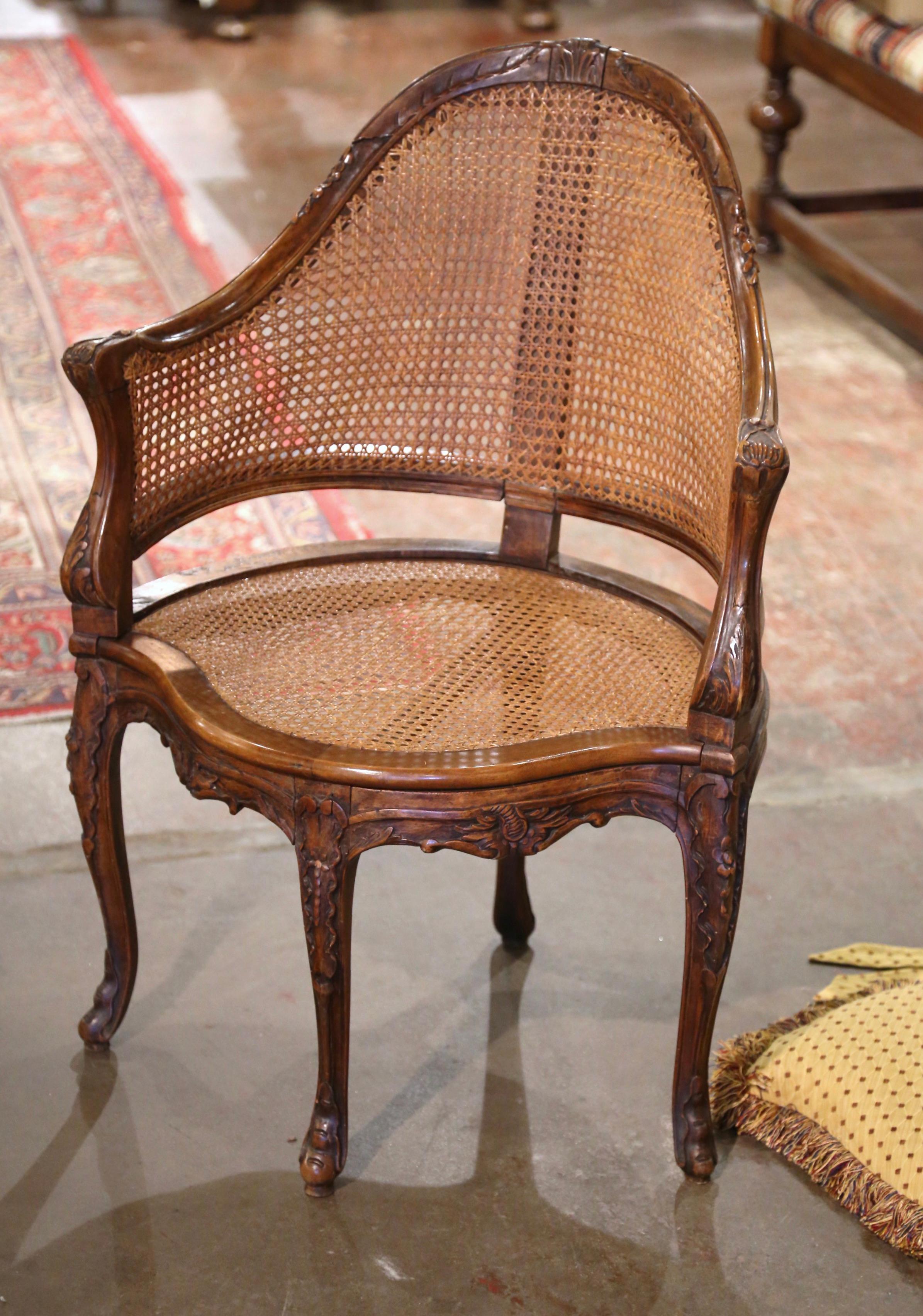 19th Century French Louis XV Carved Walnut and Cane Desk Armchair with Cushion 4