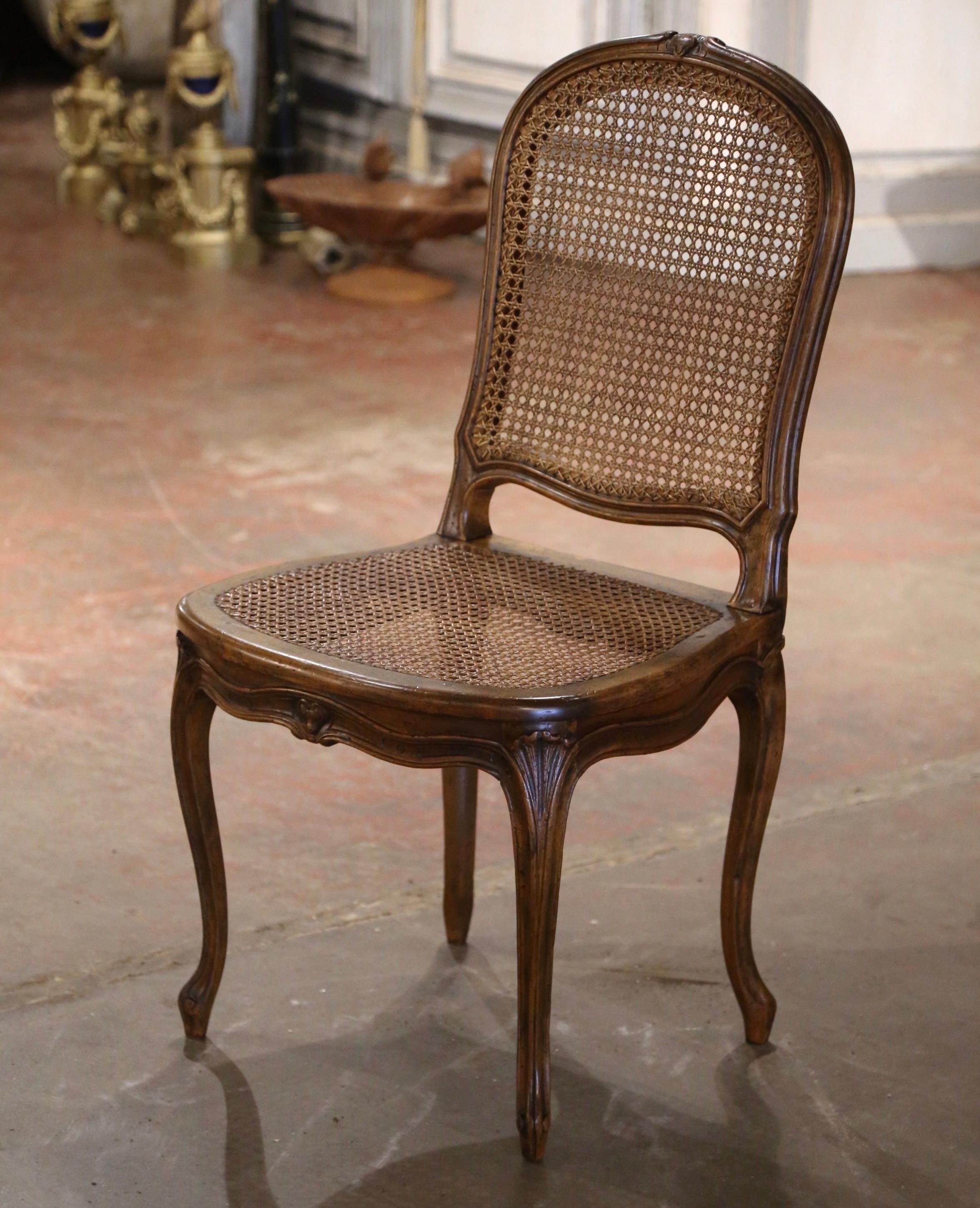 19th Century French Louis XV Carved Walnut and Cane Dining Chairs, Set of Six 6