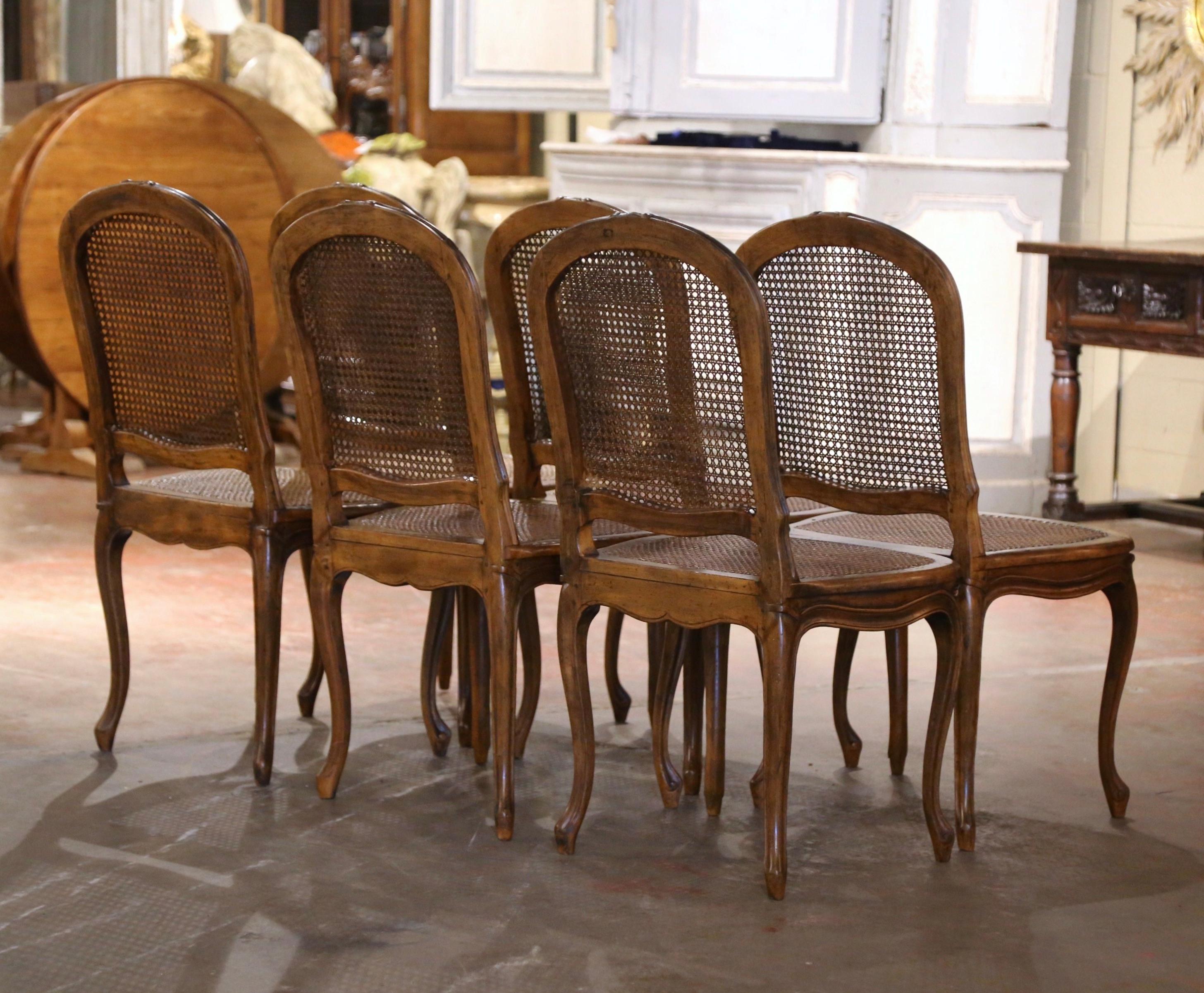19th Century French Louis XV Carved Walnut and Cane Dining Chairs, Set of Six 9
