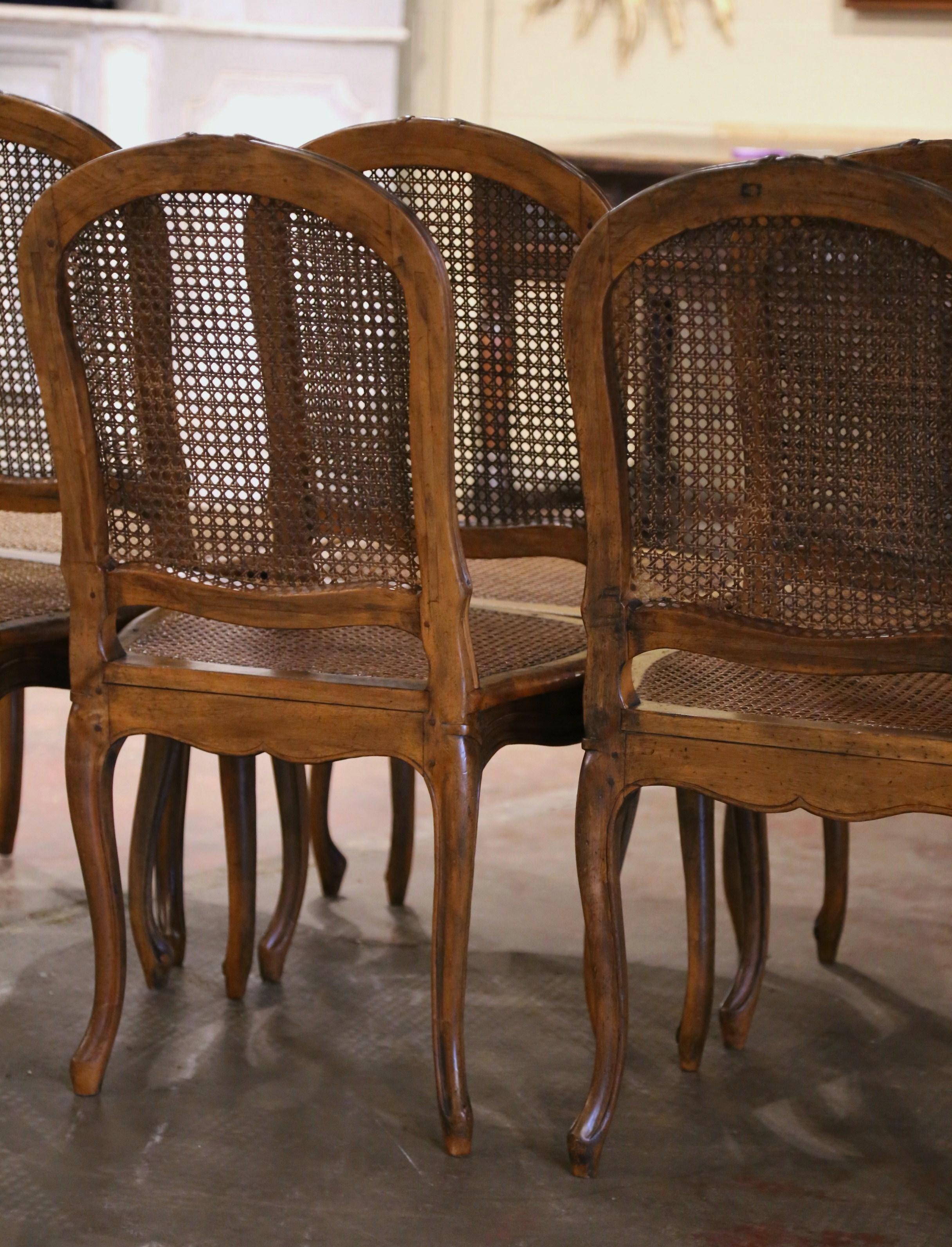 19th Century French Louis XV Carved Walnut and Cane Dining Chairs, Set of Six 10