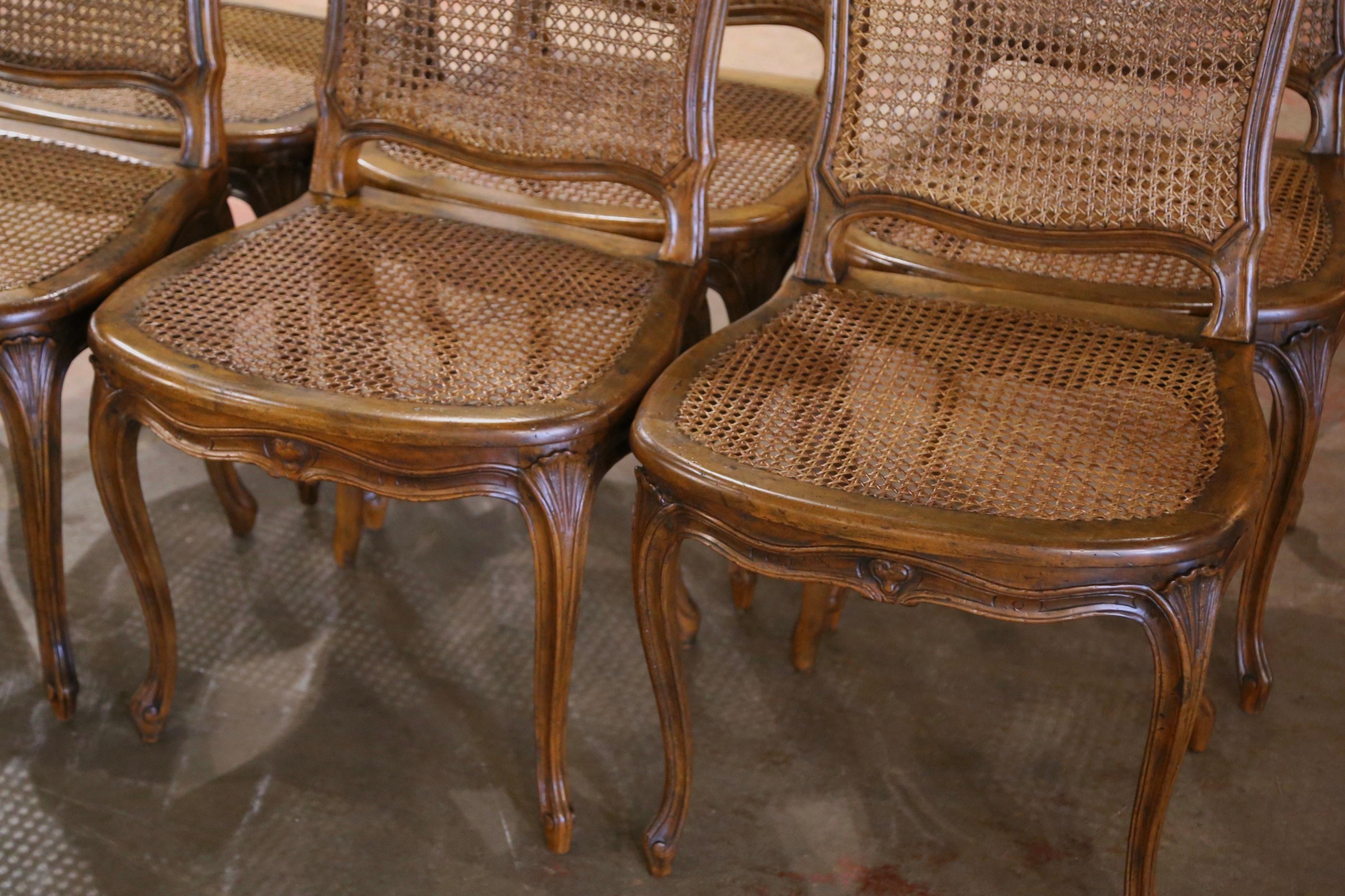 Hand-Carved 19th Century French Louis XV Carved Walnut and Cane Dining Chairs, Set of Six