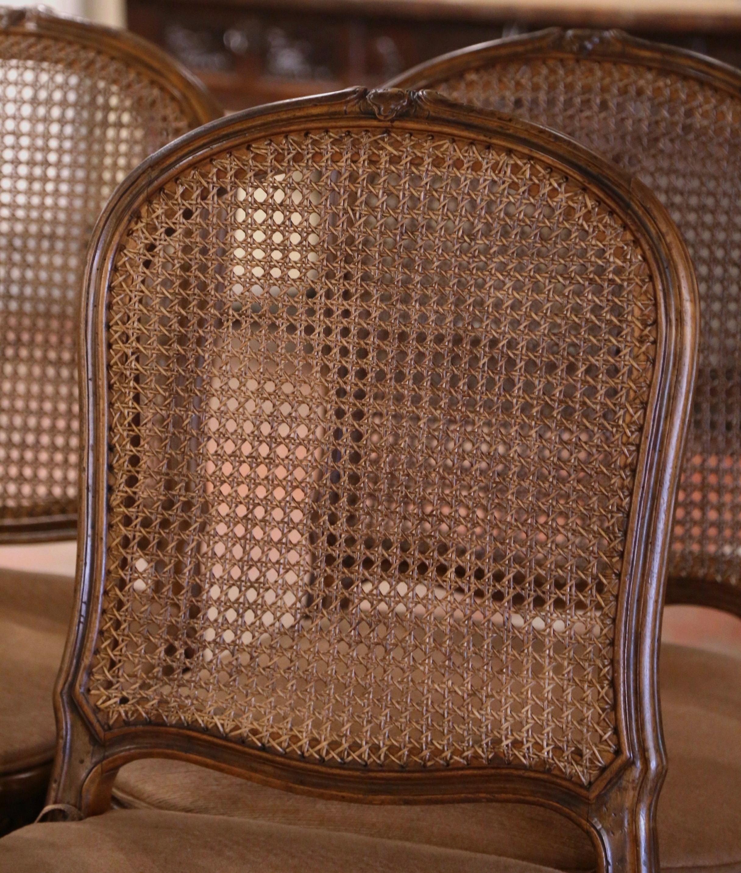 19th Century French Louis XV Carved Walnut and Cane Dining Chairs, Set of Six In Excellent Condition In Dallas, TX