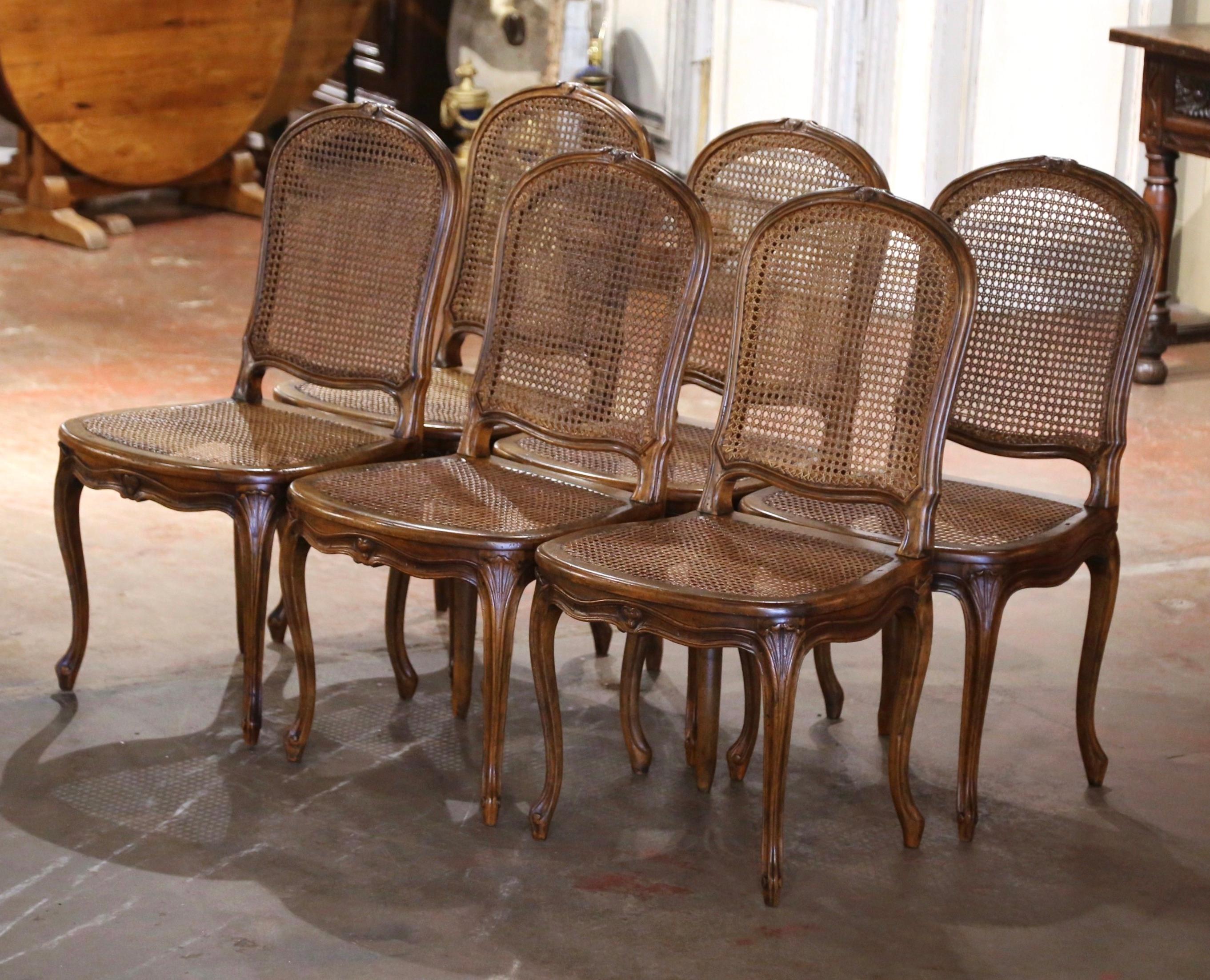 19th Century French Louis XV Carved Walnut and Cane Dining Chairs, Set of Six 1