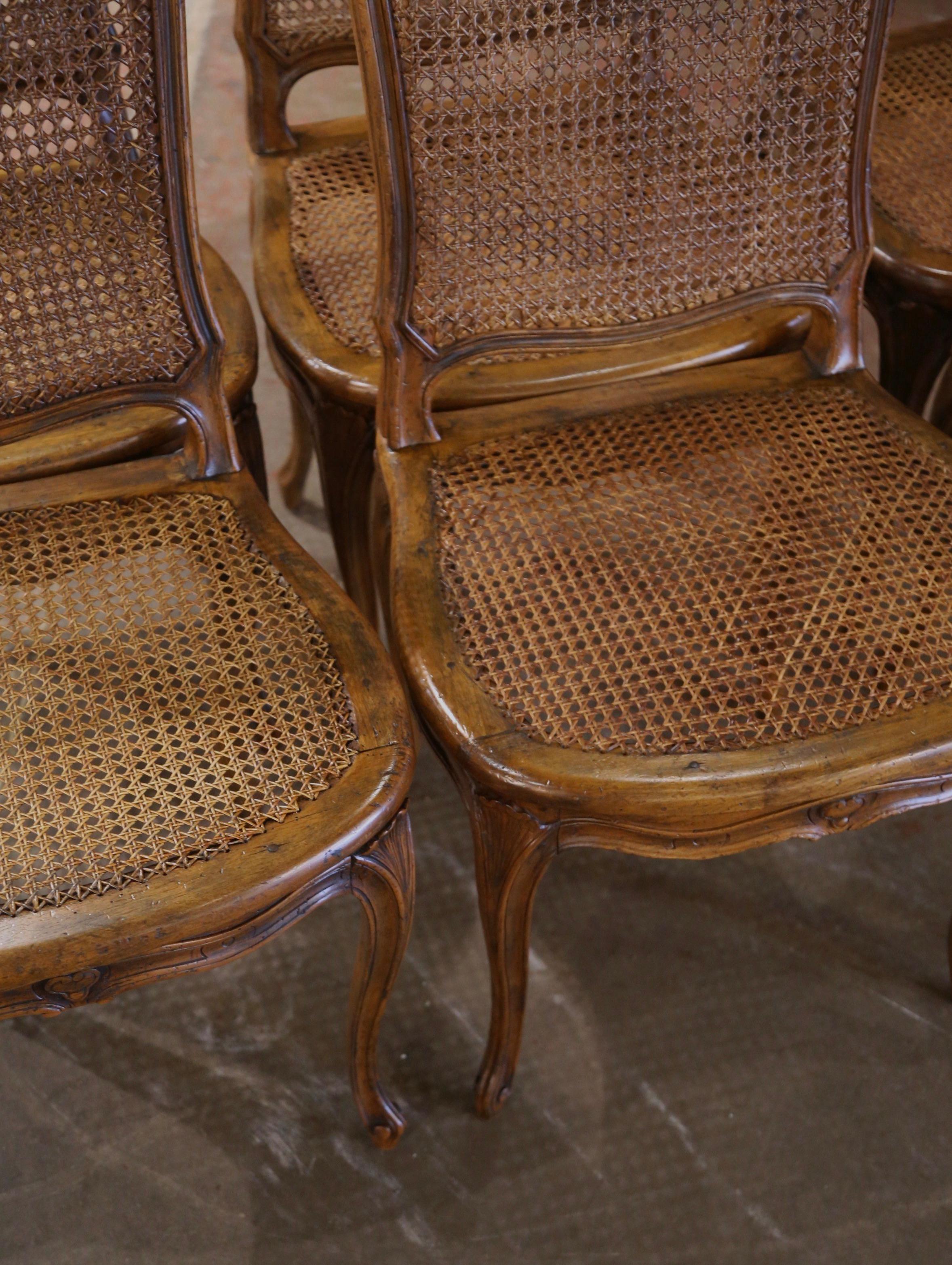 19th Century French Louis XV Carved Walnut and Cane Dining Chairs, Set of Six 3