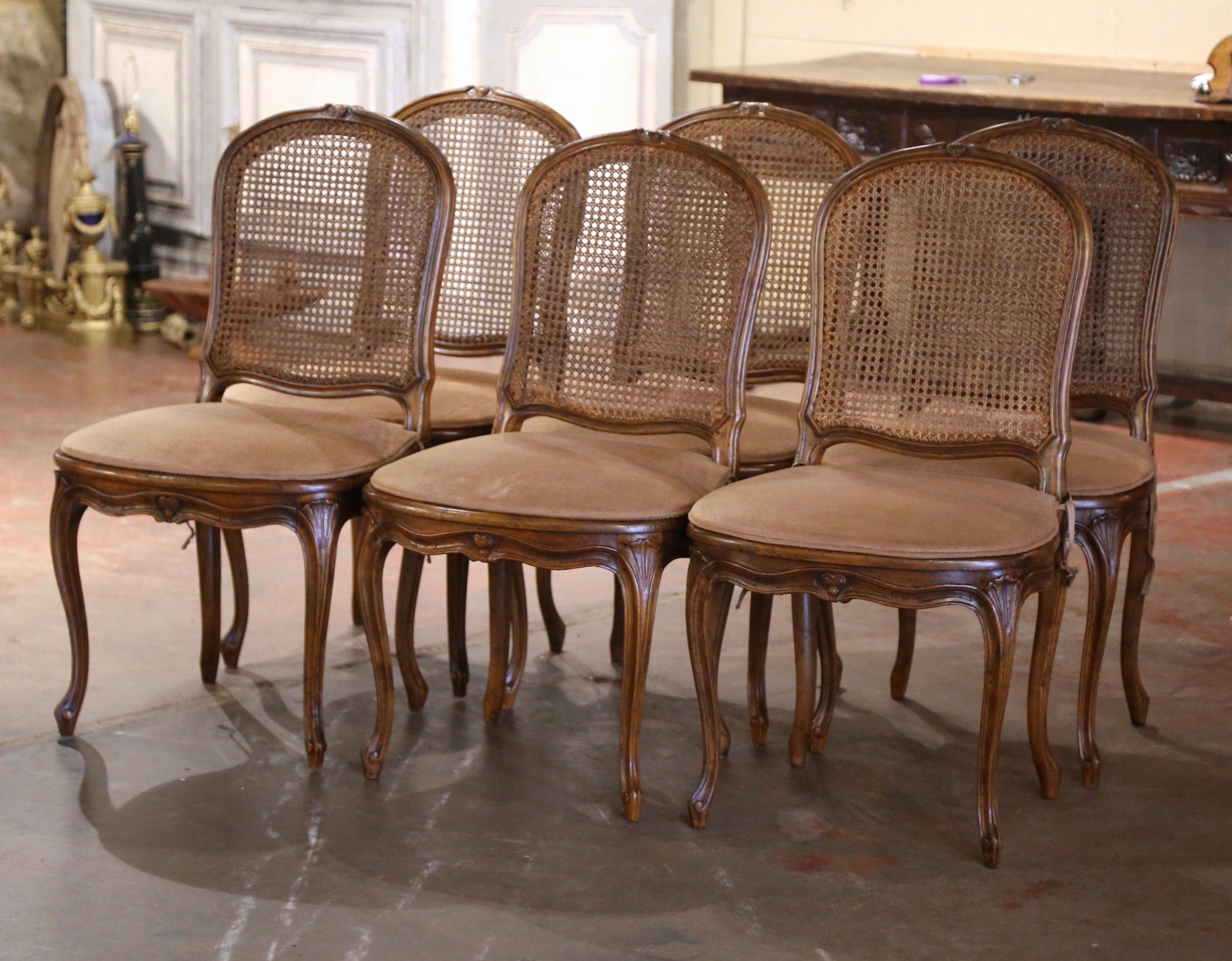 19th Century French Louis XV Carved Walnut and Cane Dining Chairs, Set of Six 4