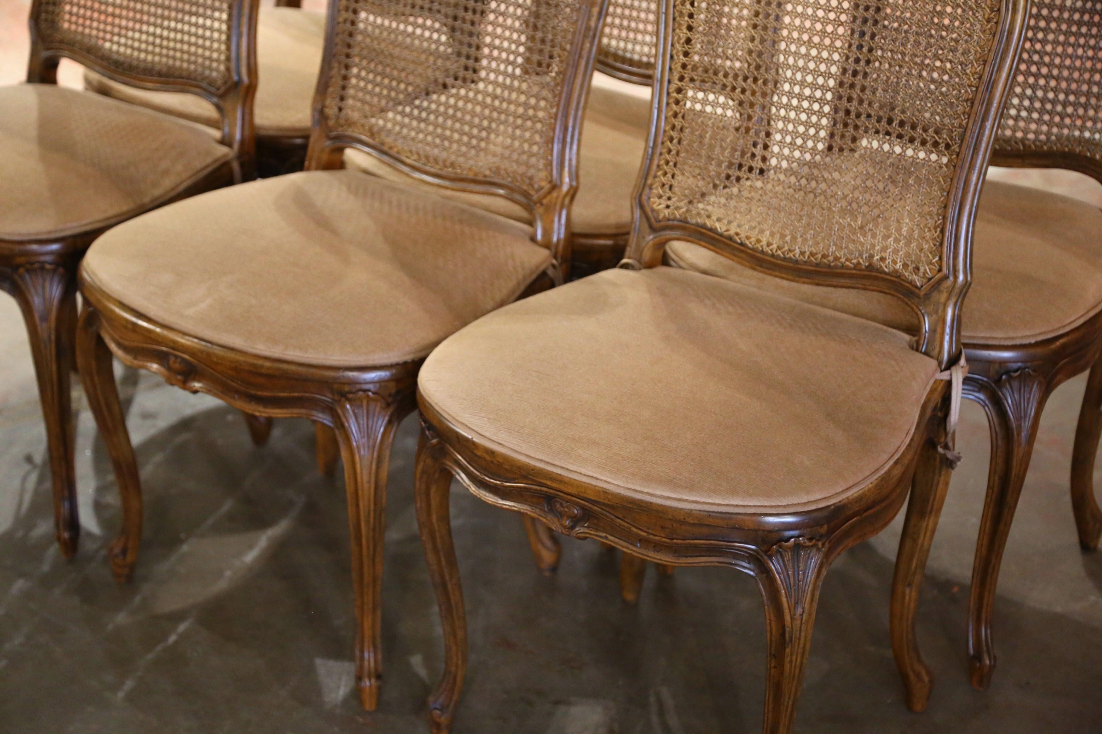19th Century French Louis XV Carved Walnut and Cane Dining Chairs, Set of Six 5