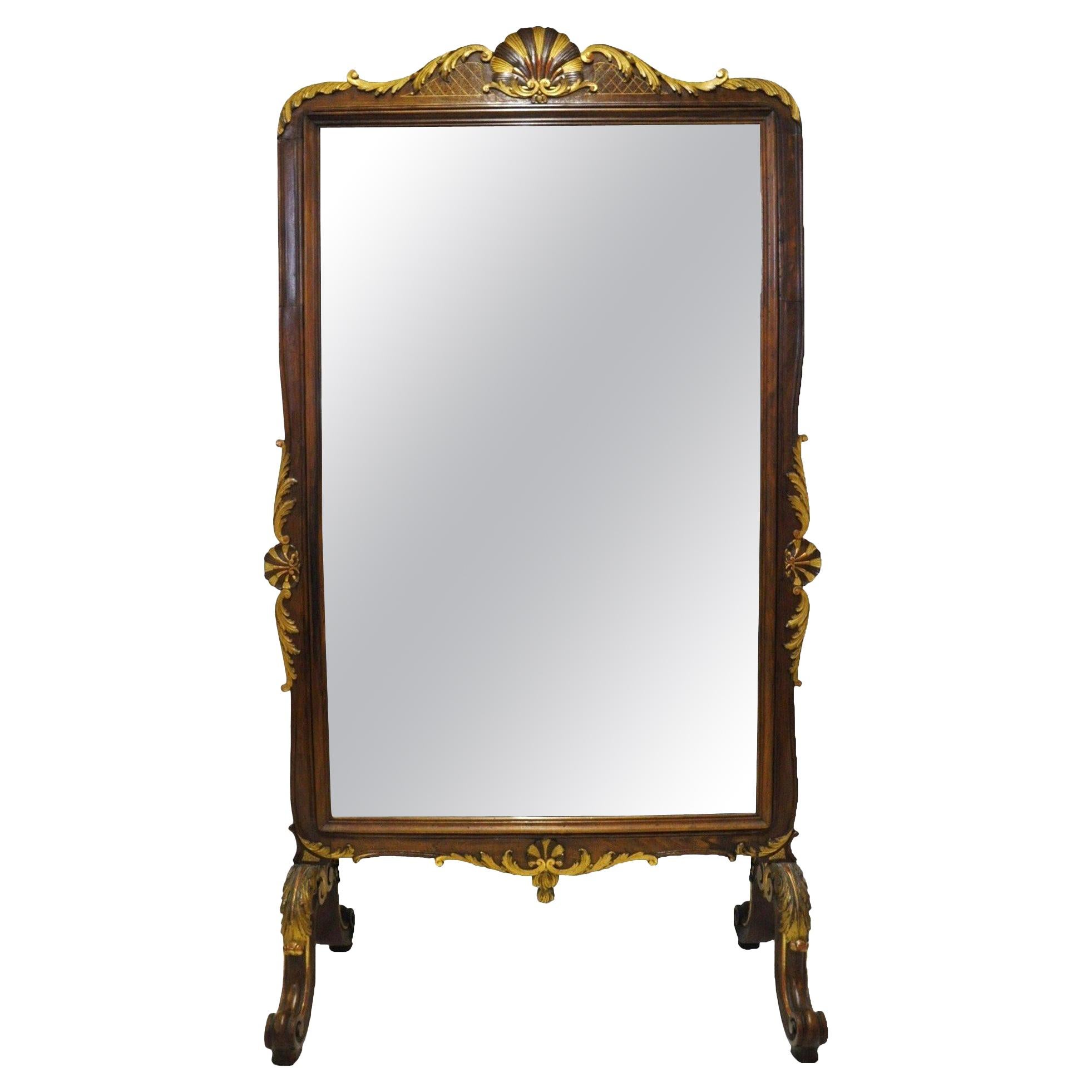 19th Century French Louis XV Carved Walnut and Gilt Free Standing Cheval Mirror