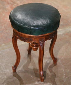 19th Century French Louis XV Carved Walnut and Leather Adjustable Piano Stool