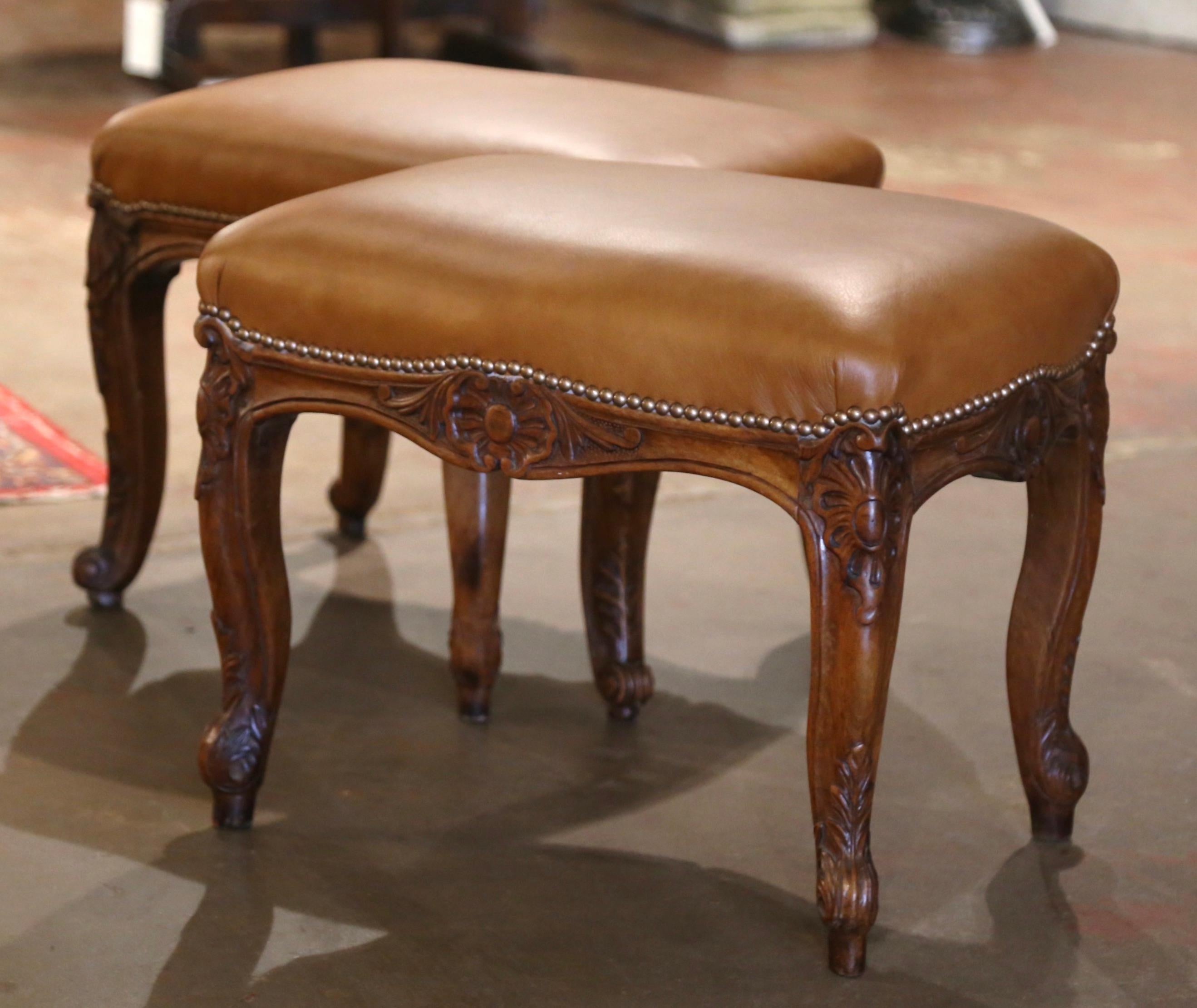 Pair of 19th Century French Louis XV Carved Walnut and Leather Bench Stools For Sale 6