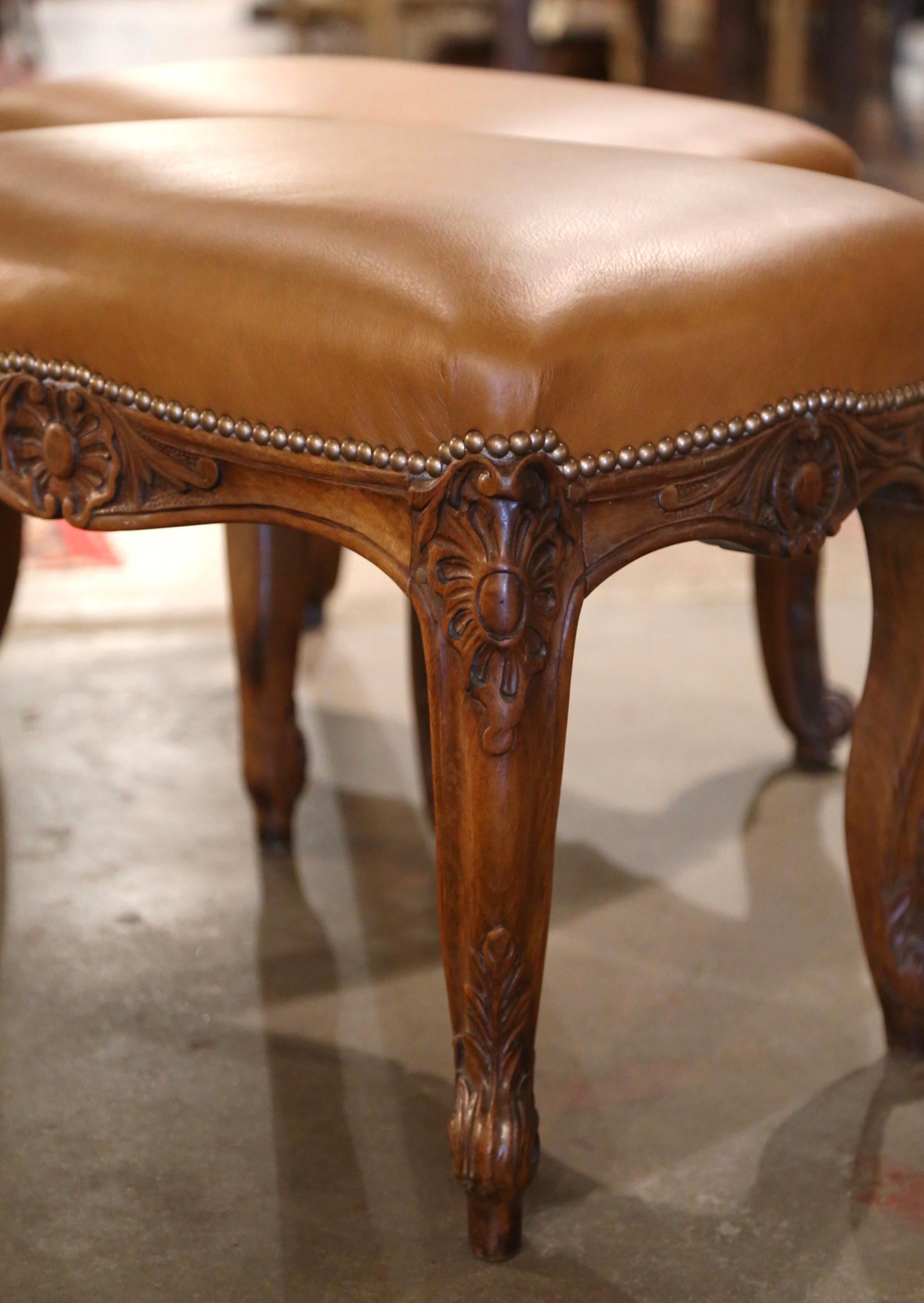 Pair of 19th Century French Louis XV Carved Walnut and Leather Bench Stools For Sale 7