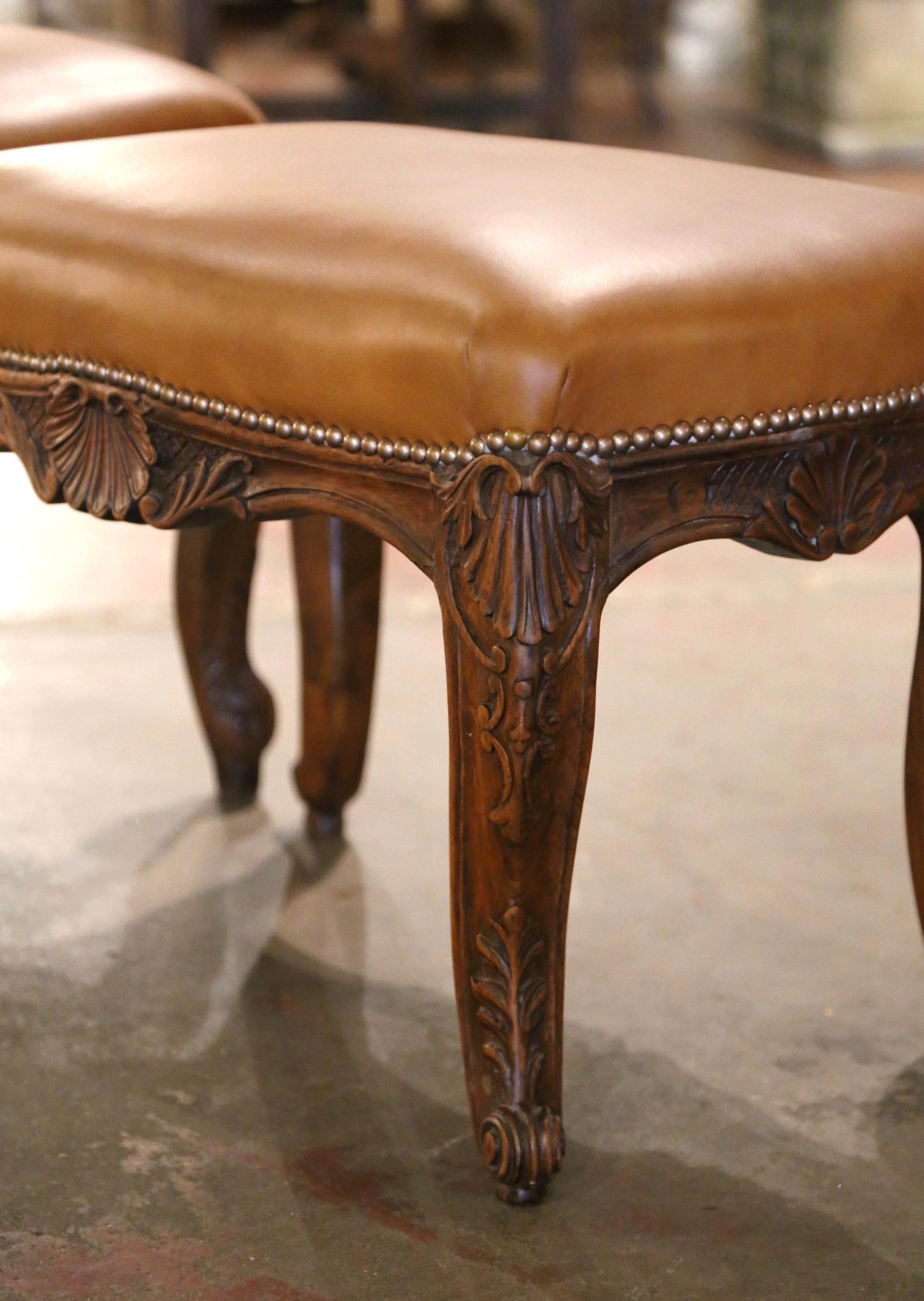 Pair of 19th Century French Louis XV Carved Walnut and Leather Bench Stools In Excellent Condition For Sale In Dallas, TX