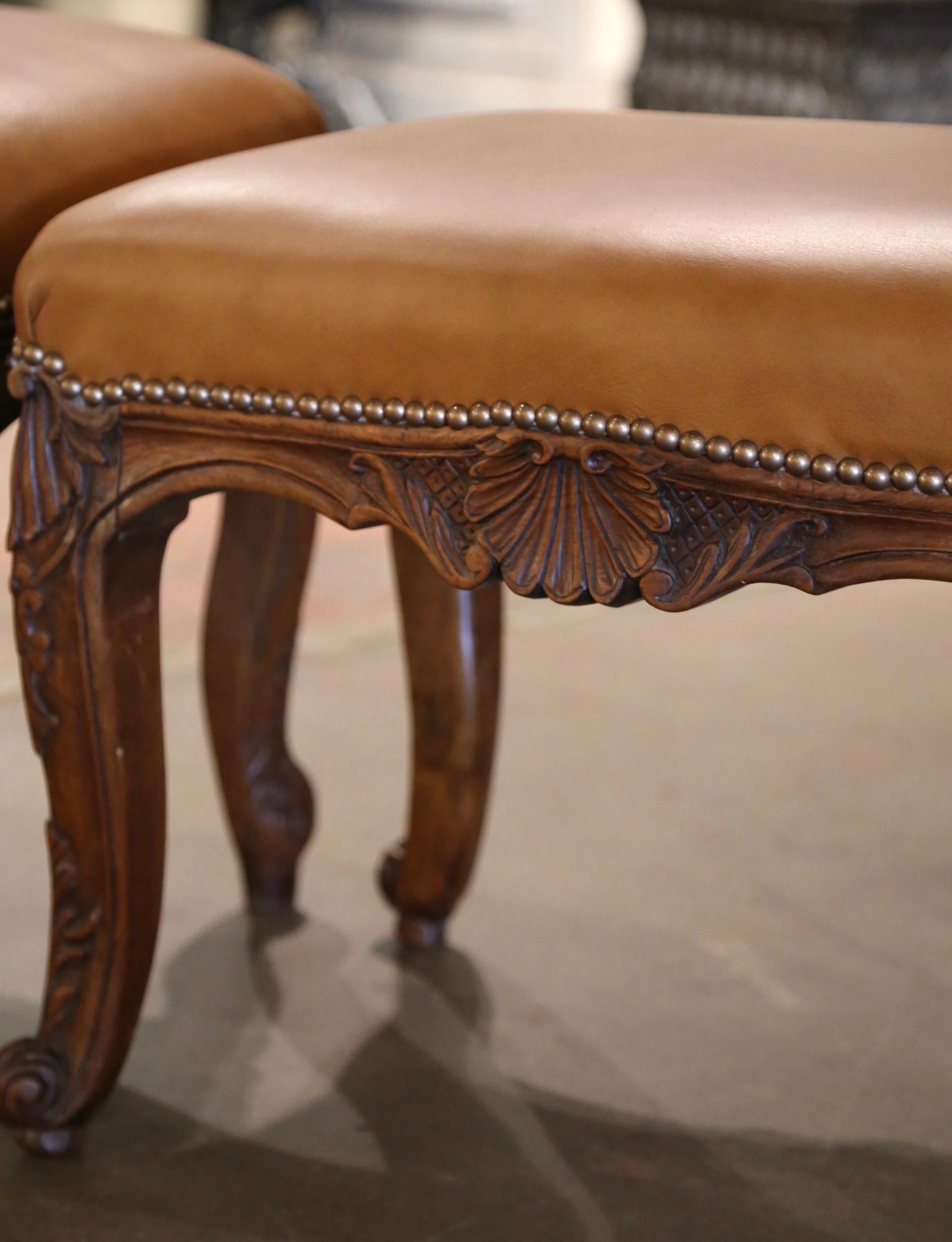 Pair of 19th Century French Louis XV Carved Walnut and Leather Bench Stools For Sale 1