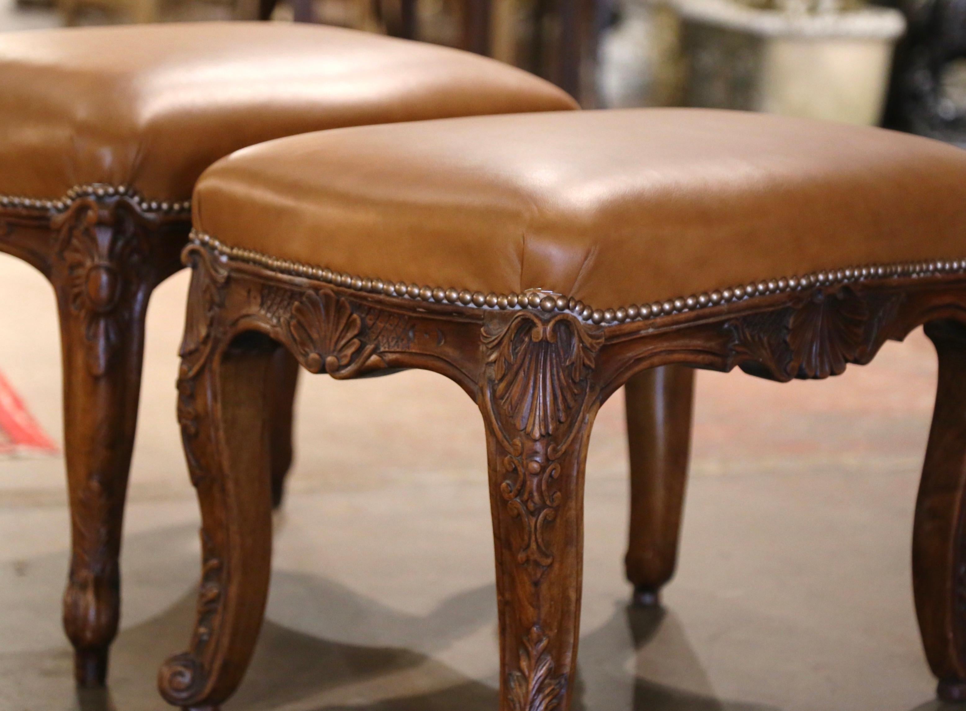 Pair of 19th Century French Louis XV Carved Walnut and Leather Bench Stools For Sale 4