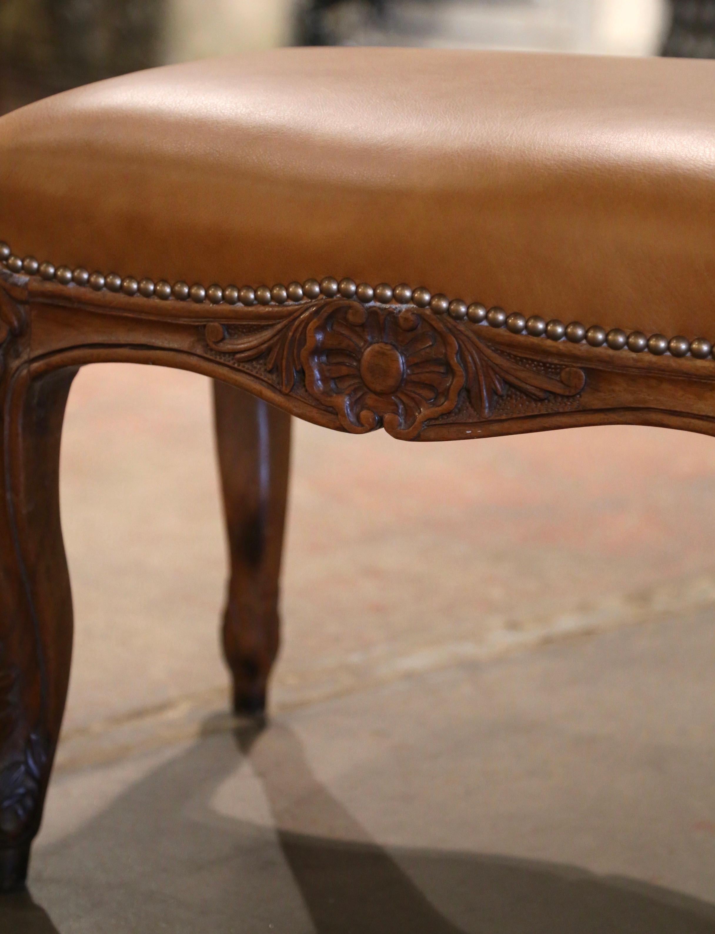 Pair of 19th Century French Louis XV Carved Walnut and Leather Bench Stools For Sale 5