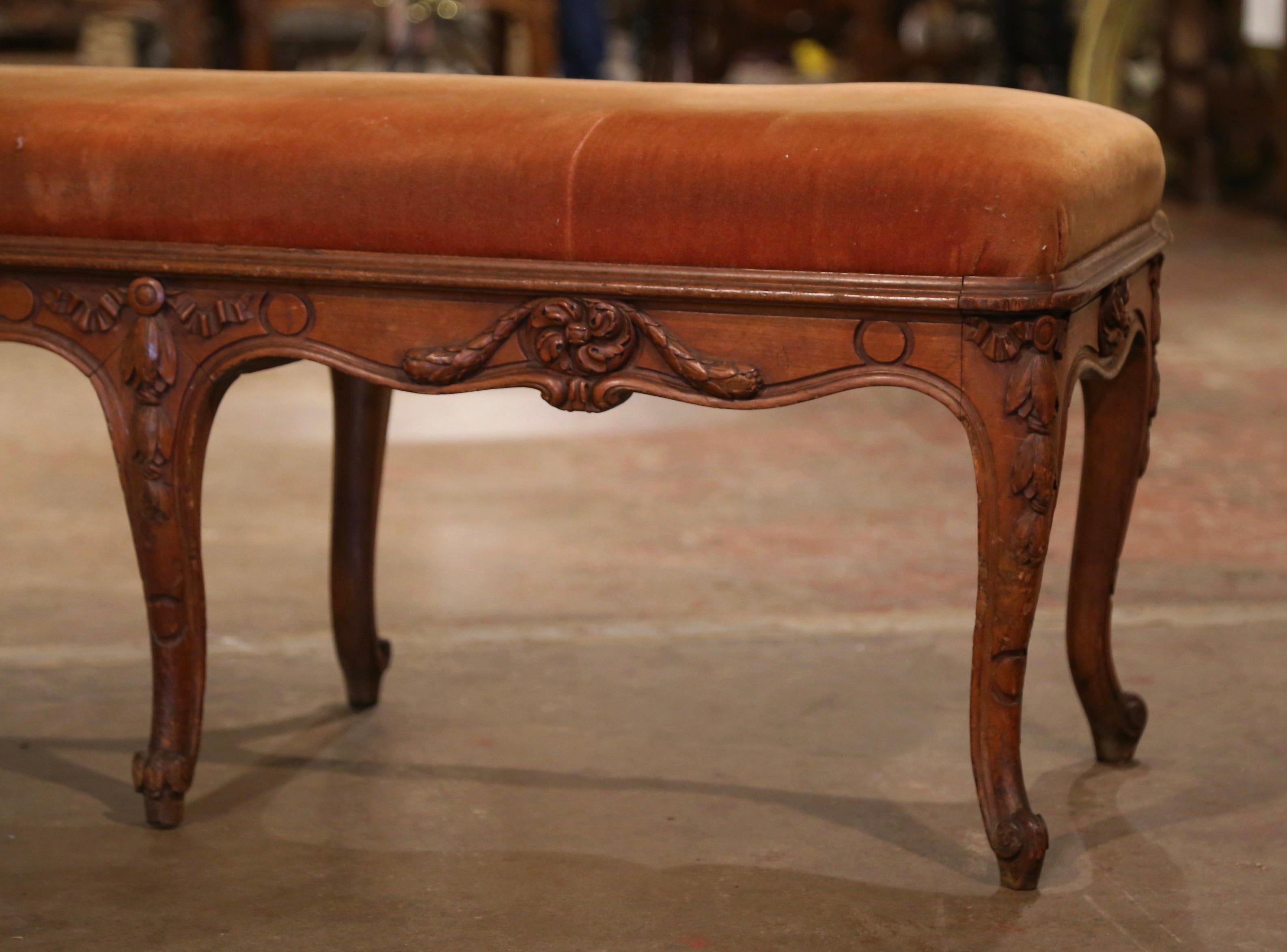 Hand-Carved 19th Century French Louis XV Carved Walnut and Velvet Upholstery Eight-Leg Bench