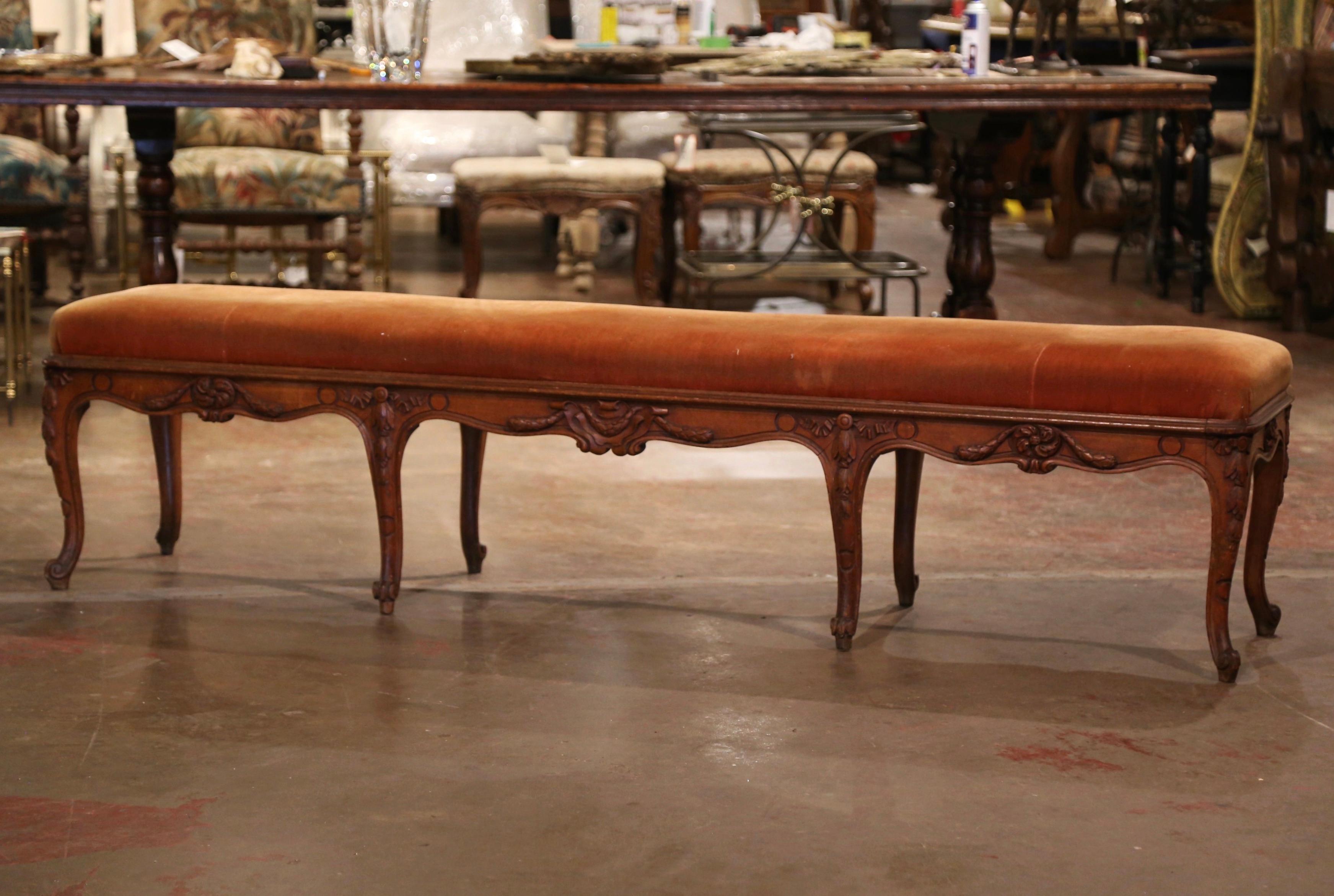 19th Century French Louis XV Carved Walnut and Velvet Upholstery Eight-Leg Bench In Excellent Condition In Dallas, TX