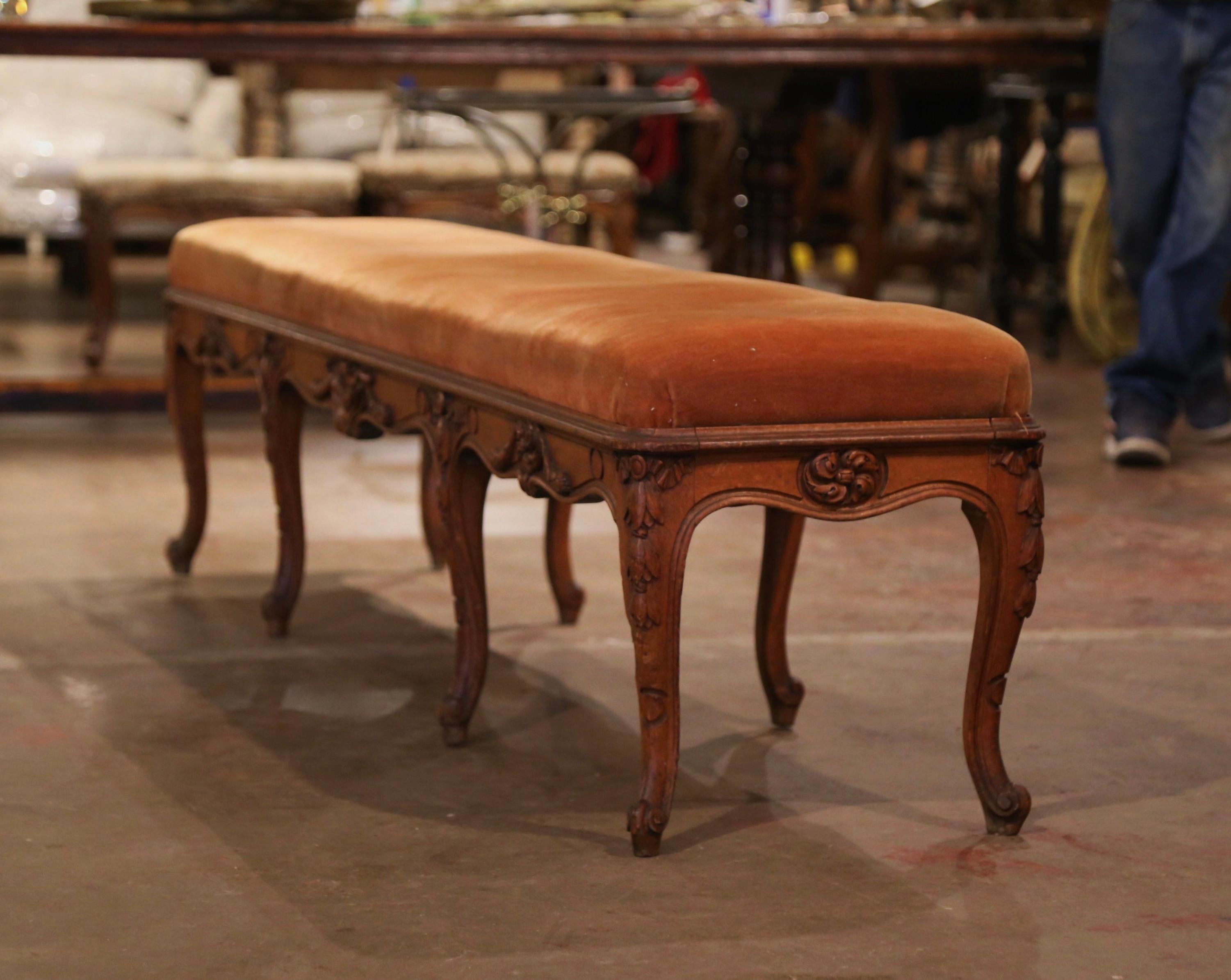 19th Century French Louis XV Carved Walnut and Velvet Upholstery Eight-Leg Bench 1