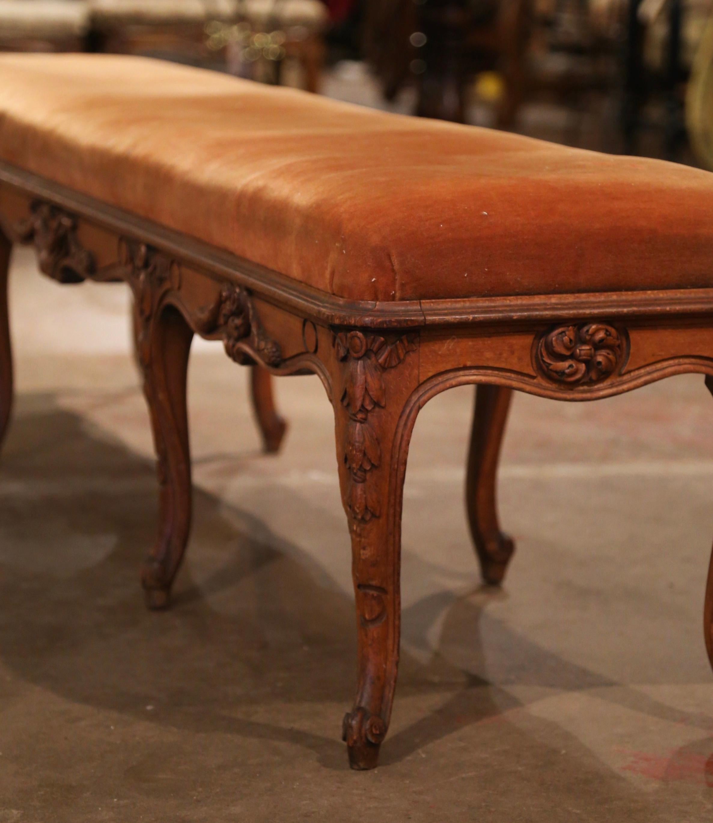 19th Century French Louis XV Carved Walnut and Velvet Upholstery Eight-Leg Bench 2