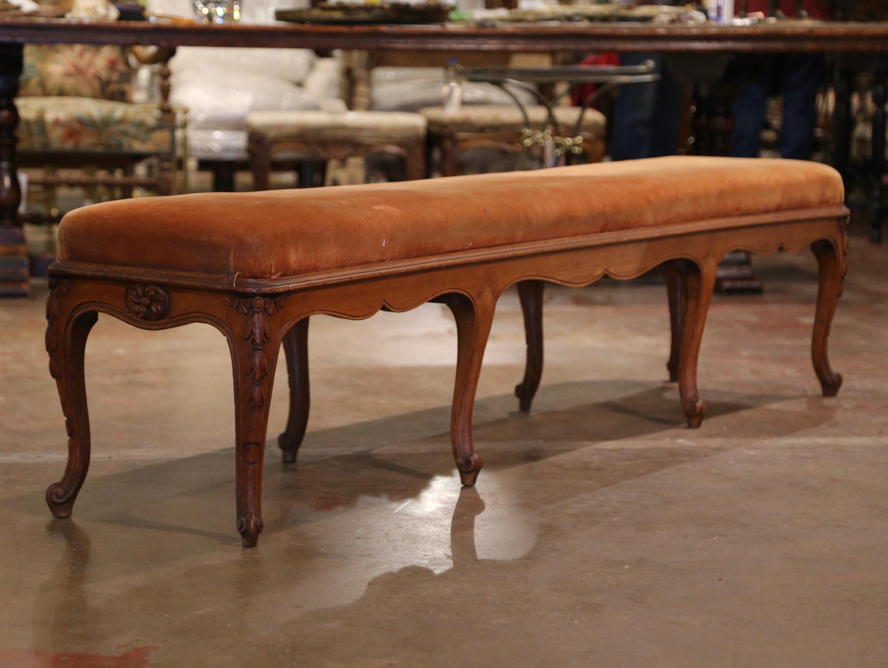 19th Century French Louis XV Carved Walnut and Velvet Upholstery Eight-Leg Bench 3